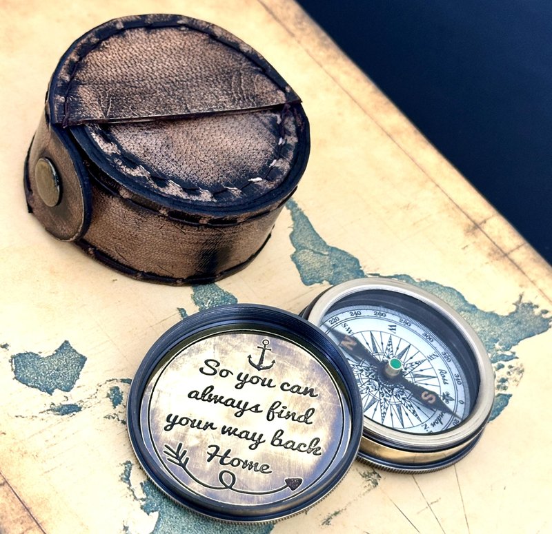 So You Can Always Find Your Way Back Home – Luxury Engraved Brass Pocket Compass with Leather Case – Anniversary Happy Gifts Graduation Gift for Men & Boys