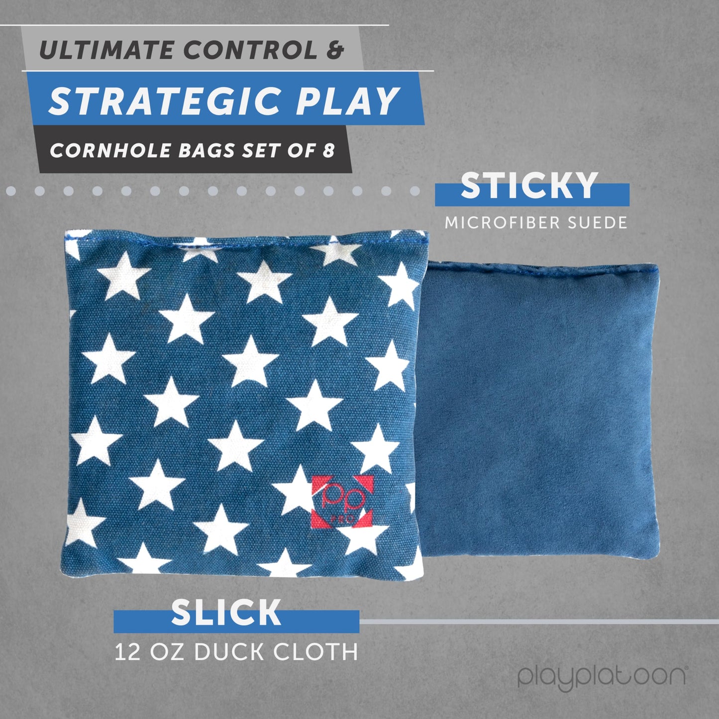 Play Platoon Professional Cornhole Bags - All Weather Dual Sided Corn Hole Bags Set of 8 - Improved Regulation American Flag Bean Bag for Cornhole Game - 4 Stars & 4 Stripes