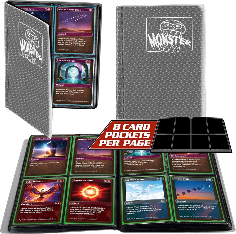 Monster Trading Card Album - Holofoil Clear Binder for 160 Cards | Anti-Theft & Side Loading Pockets, Compatible with Yu-Gi-Oh, Pokémon, MTG