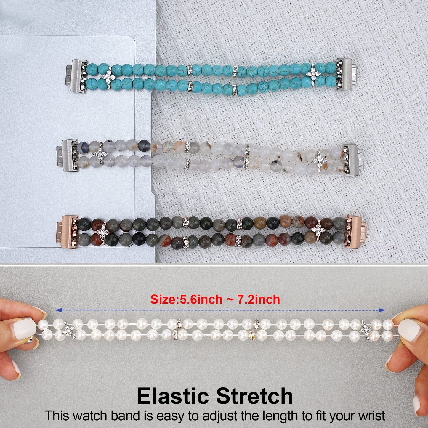 Wongeto Compatible with Fitbit Inspire 2 & Inspire/Inspire HR Bands,Fashion Handmade Elastic Stretch Pearl Bracelet Women Replacement Strap for Fitbit Inspire accssorises (Turquoise)