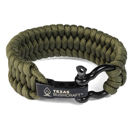 Texas Bushcraft Firecraft Cord Survival Bracelet – Paracord Bracelet with Bow Shackle for Camping and Emergency – 3 Extra Strands Include Wax Thread, Tinder, and Fishing Line (Army Green, L)