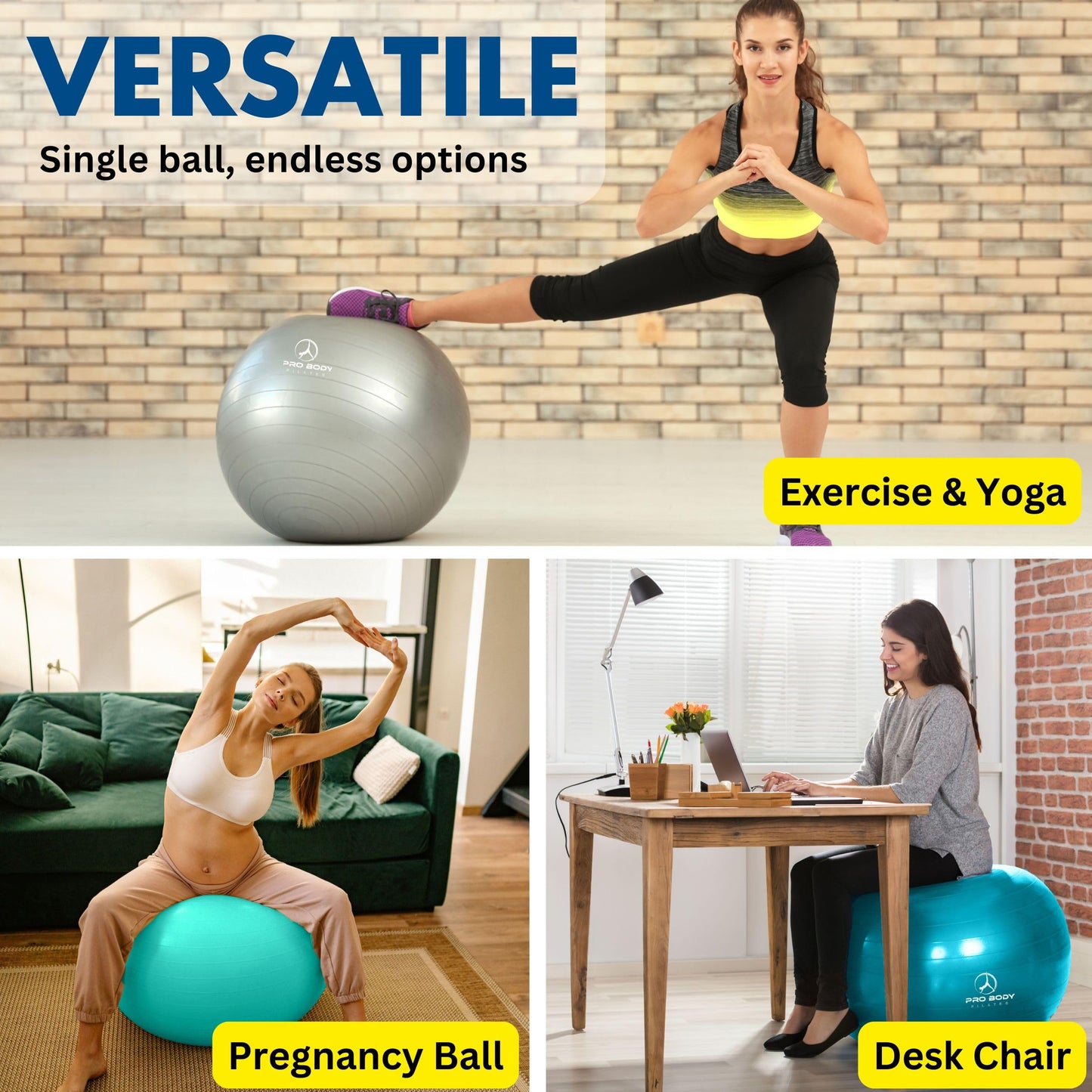 ProBody Pilates Yoga Ball - Fresh Colors Exercise Ball for Stability, Pregnancy, Workout, Physical Therapy & Birthing, Balance Ball Chair (Slate, 55 cm)