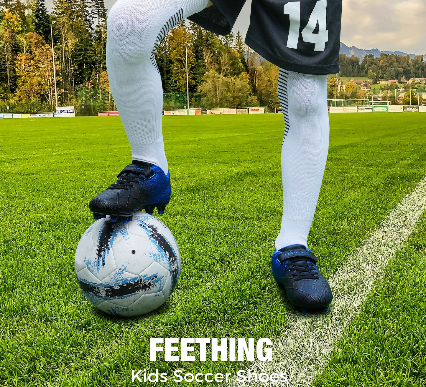 FEETHING Youth Soccer Cleats for Boys and Girls Firm Ground Football Shoes with Easy-On Hook & Loop Closure Lightweight & Breathable for Outdoor Field Play (Little Kid & Big Kid Sizes)