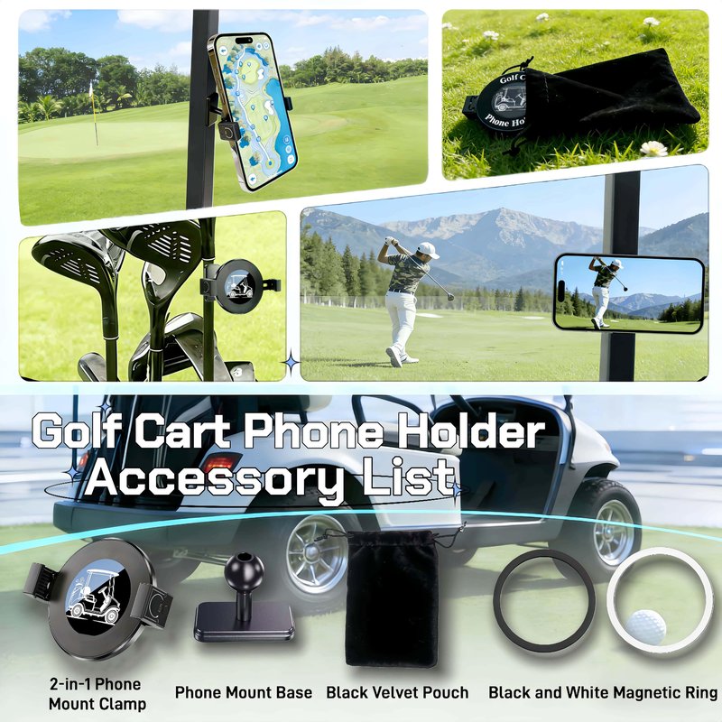 WUKO HUNT 2-in-1 Golf Cart Phone Holder, Magnetic + Back Clip Dual Protection, Fits EZGO, Club Car, Yamaha, Built-in Powerful Magnet, Compatible with iPhone & Android, 360° Rotation, Aluminum Mount