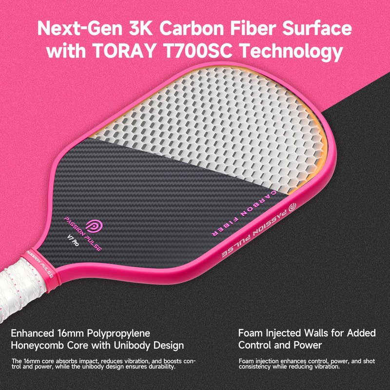 V7 Pro Pink Carbon Fiber Pickleball Paddle for Women – 3K Surface, 16mm Core, 3D Handle, Edge Guard – Lightweight Pickleball Paddle for All Skill Levels by Passion Pulse