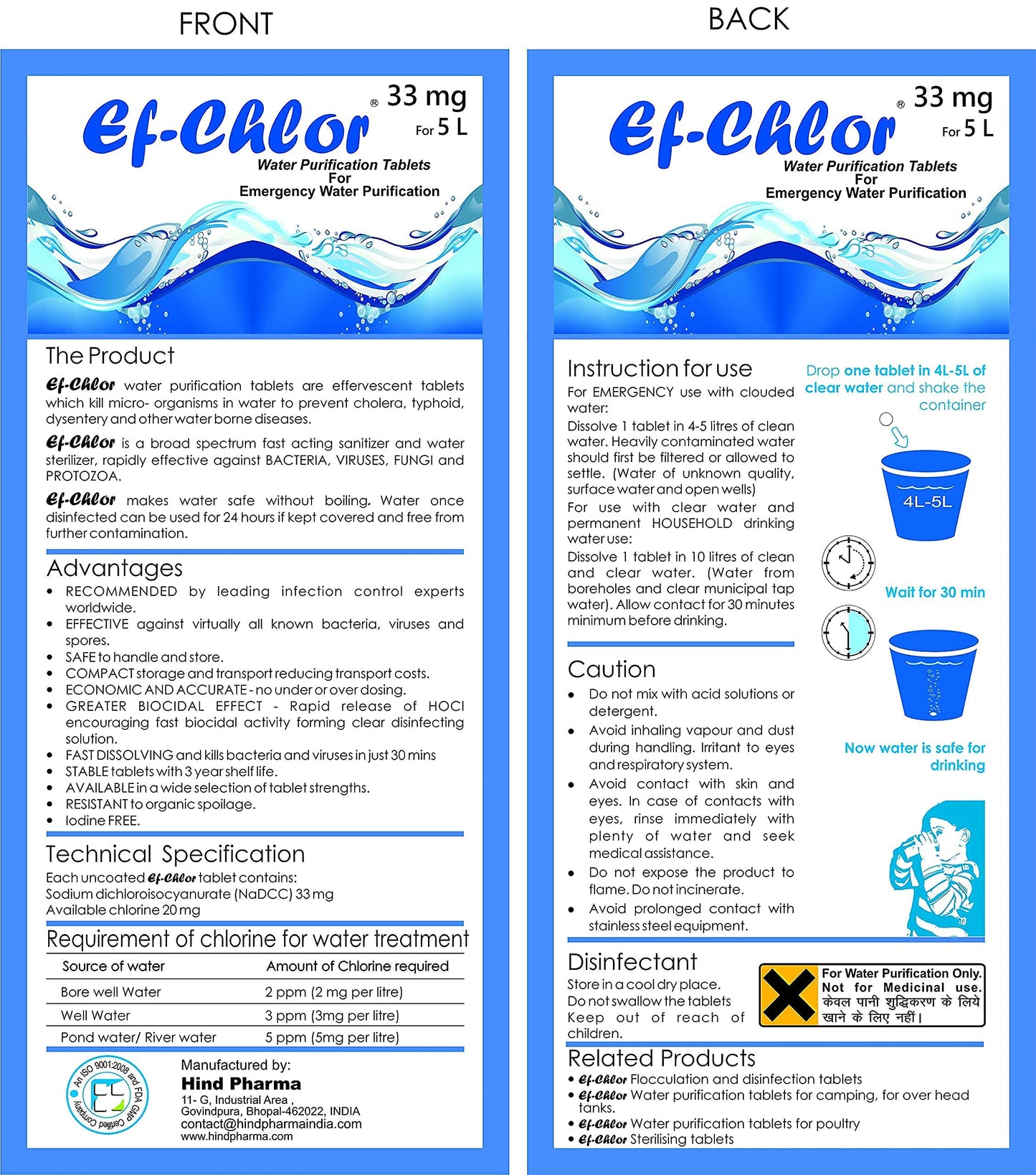 Ef-Chlor Water Purification Tablets/Drops (33 mg - 100 Tablets) - Potable Drinking Water Treatment Ideal for Emergencies, Survival, Travel, and Camping, Purifies 2.64 Gallons in 1 Tablet