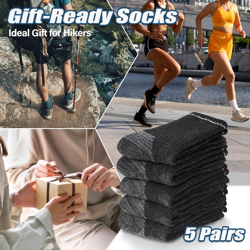 ANTSANG Merino Wool Hiking Socks, Enhanced Breathability, Targeted Cushion Thermal Socks for Men and Women, 5 Pairs(Black, L)