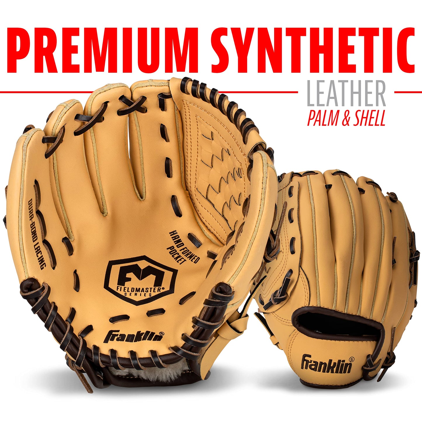 Franklin Sports Field Master Baseball and Softball Gloves for Adults, Youth, and Kids - Durable and Soft Synthetic Leather - Adjustable Fit - Right Hand Throw - 14" in. Outfield - Camel Brown