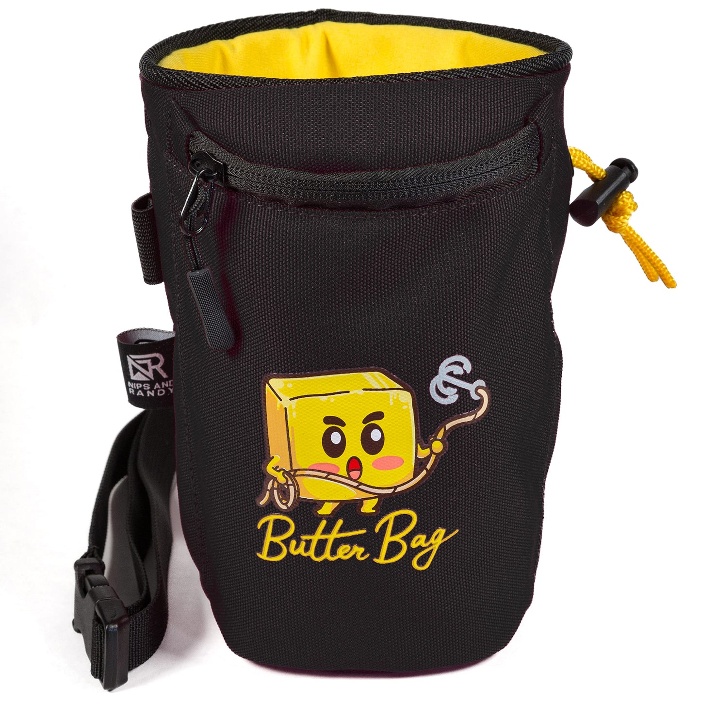 Nips and Randy Chalk Bag Rock Climbing | Bouldering | Butter Bag | Cell Phone Pocket and Adjustable Waist Strap | Cute | Funny | Nips and Randy | Weightlifting | Bodybuilding (Black)