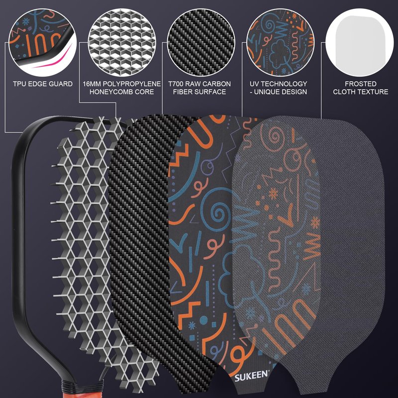 Sukeen T700 Carbon Fiber Pickleball Paddle, 16mm Pickleball Paddles with Great Grit & Spin, Pickleball Paddles Carbon Fiber Surface, 5.5" Elongated Handle, Large Sweet Spot, 2 Pickleball Balls