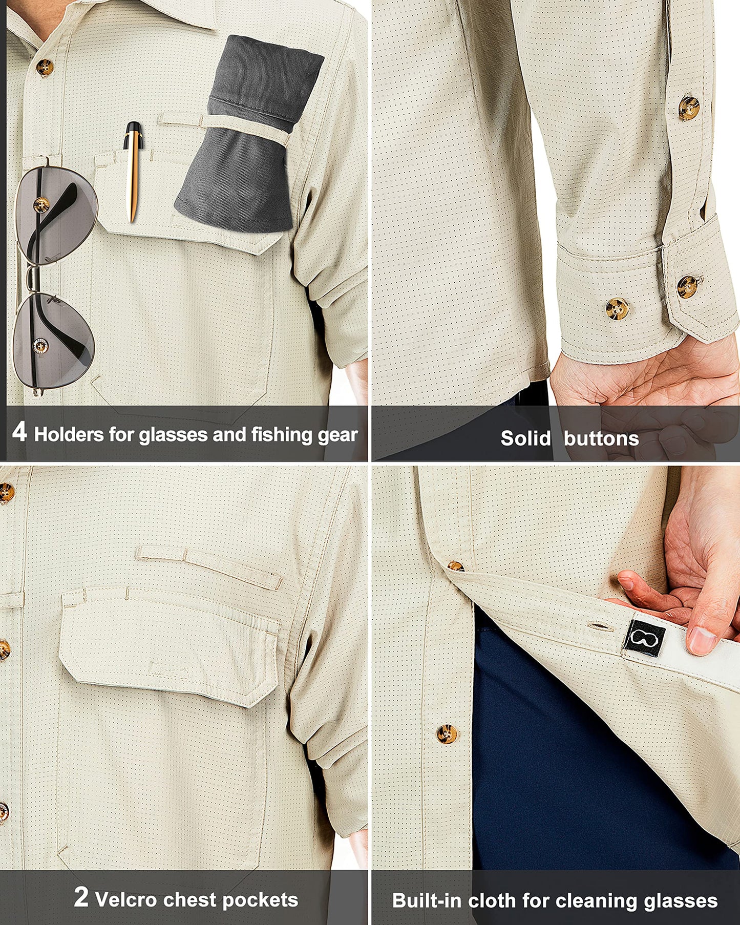 33,000ft Men's Long Sleeve Sun Protection Shirt UPF 50+ UV Quick Dry Cooling Fishing Shirts for Travel Safari Camping Hiking Khaki