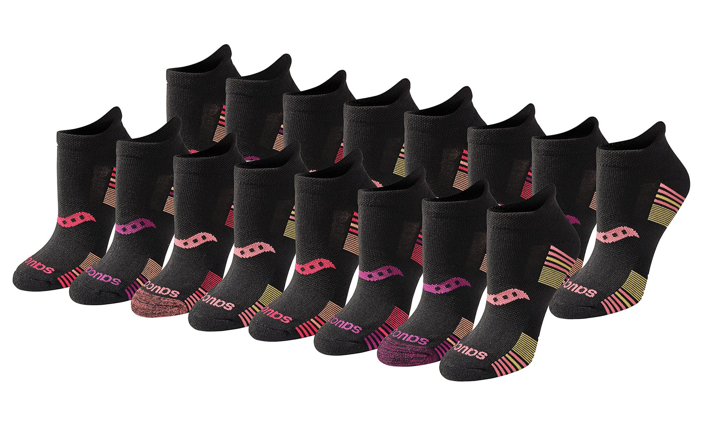 Saucony Women's RunDry Performance 8, 16 Pairs Heel Tab Athletic Socks, S-L, Black Rose Assorted (16 Pairs), Medium
