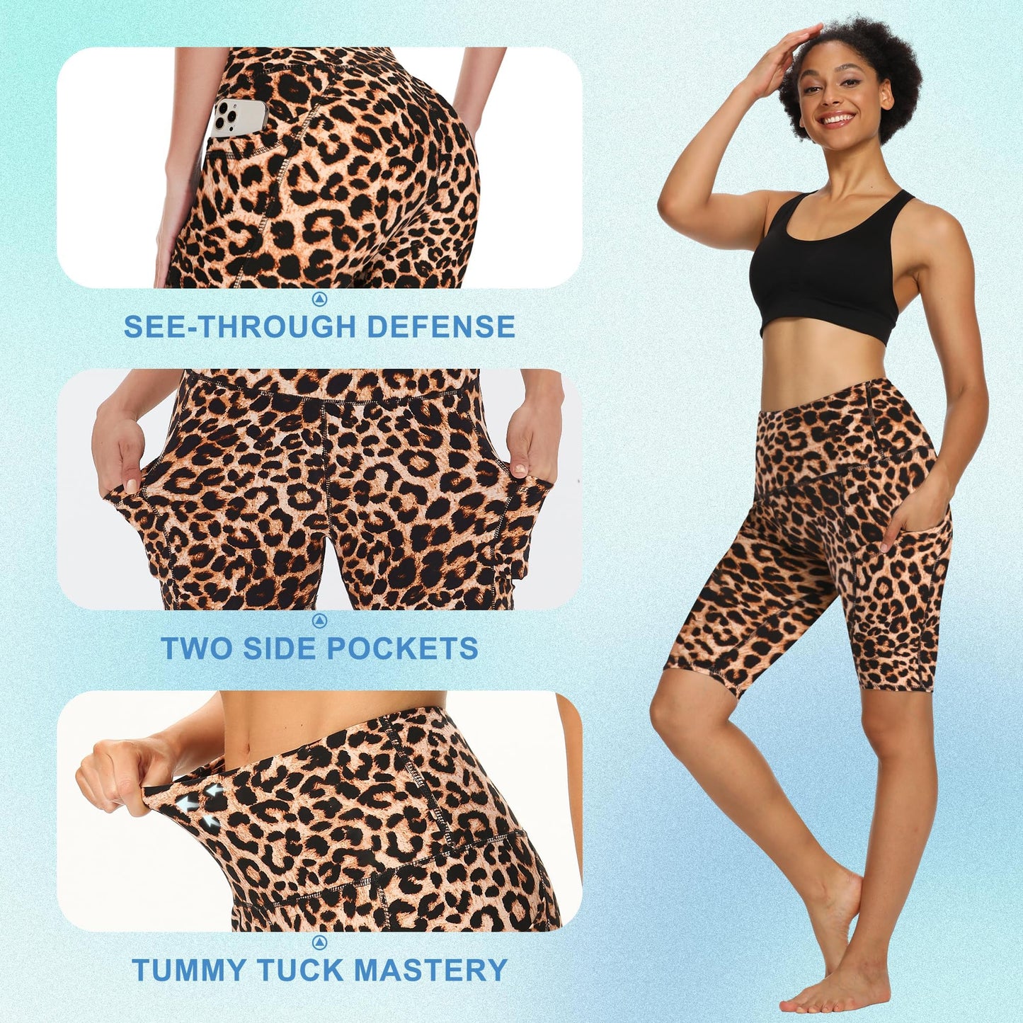 TNNZEET Biker Shorts Women with Pockets - Leopard Tummy Control Gym Running Workout Yoga Womens Compression Shorts