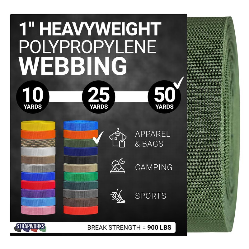 Strapworks Heavyweight Polypropylene Webbing - Heavy Duty Poly Strapping for Outdoor DIY Gear Repair, 1 Inch x 50 Yards - Olive Drab
