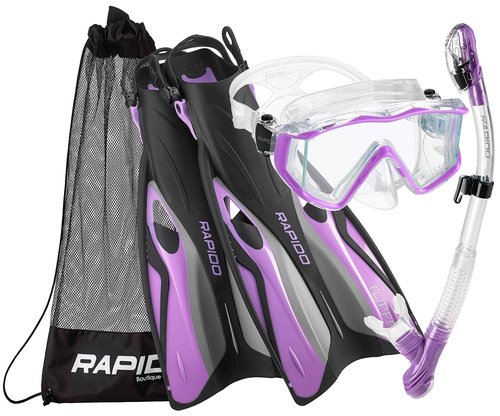 Phantom Aquatics Rapido Boutique Collection Clareza Three Window Tempered Glass Lens Mask Fin Snorkel Set with Snorkeling Gear Carry Bag, PR-LG, Lilac, ml/XL, 9-11 / EU: 41-45 (RPDCMFS-PR-LG_1)