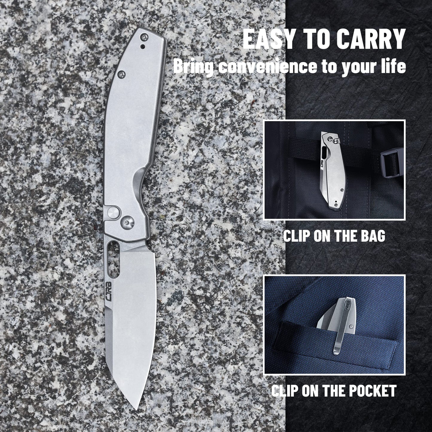 CJRB Pocket EDC Knife Ekko(J1929) Button Lock Small Folding Knife AR-RPM9 Steel Blade and Silver Stainless Steel Handle Outdoor for Men Women for Gifts