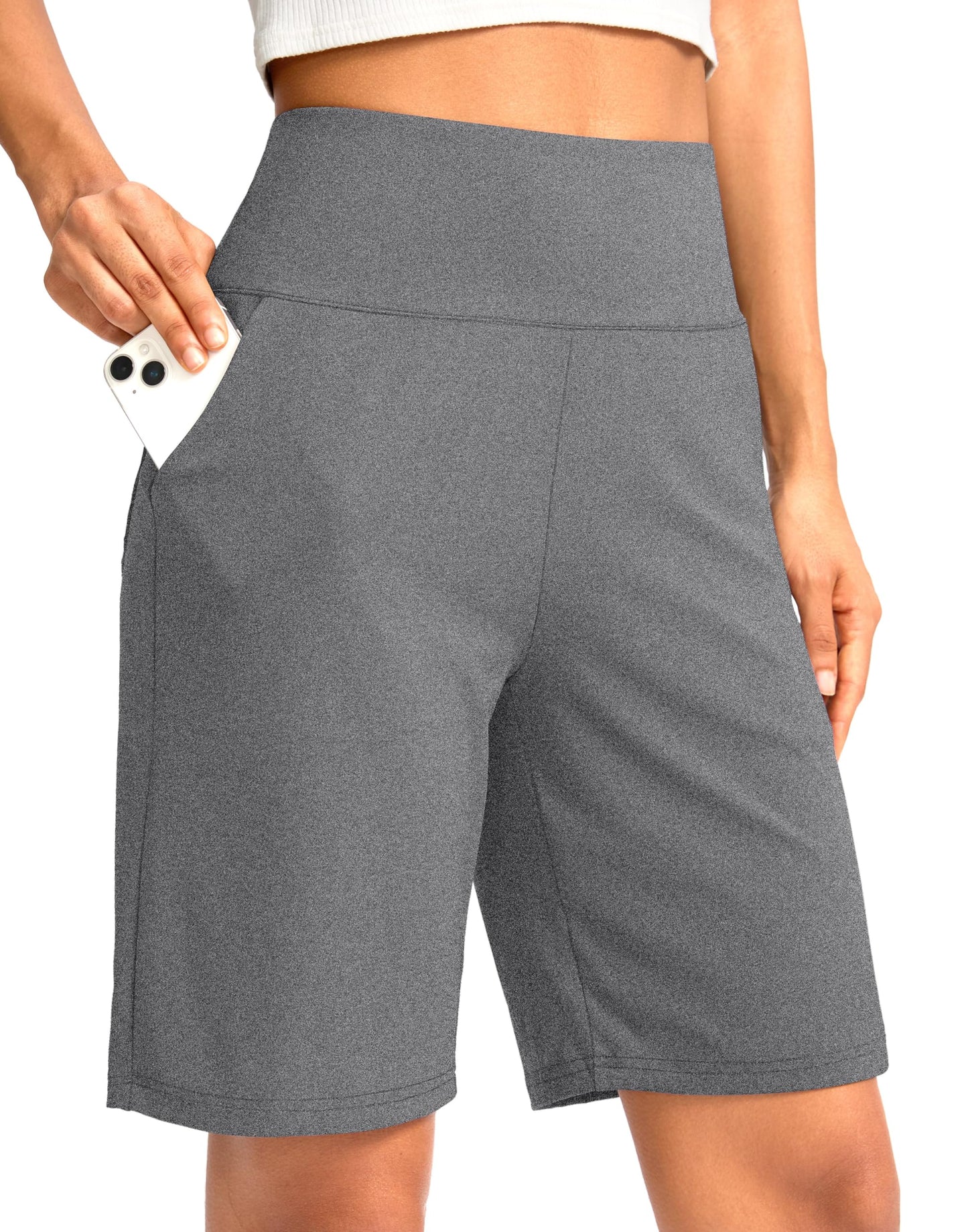G Gradual Women's Bermuda Long Shorts with Pockets 9" High Waisted Knee Length Shorts for Women Walking Athletic Workout(Charcoal,M)