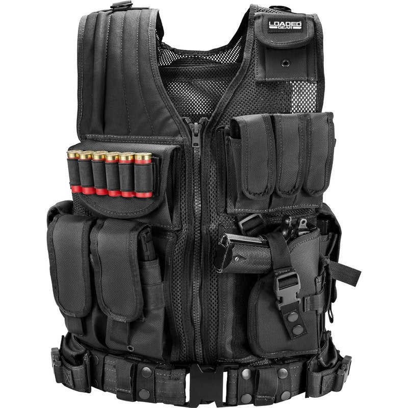 Barska Loaded Gear VX-200 Tactical Vest – Right Hand Holster, Adjustable Fit, Mag Pouches, Belt, ID Panel, Rescue Handle – Combat Vest for Airsoft or Training