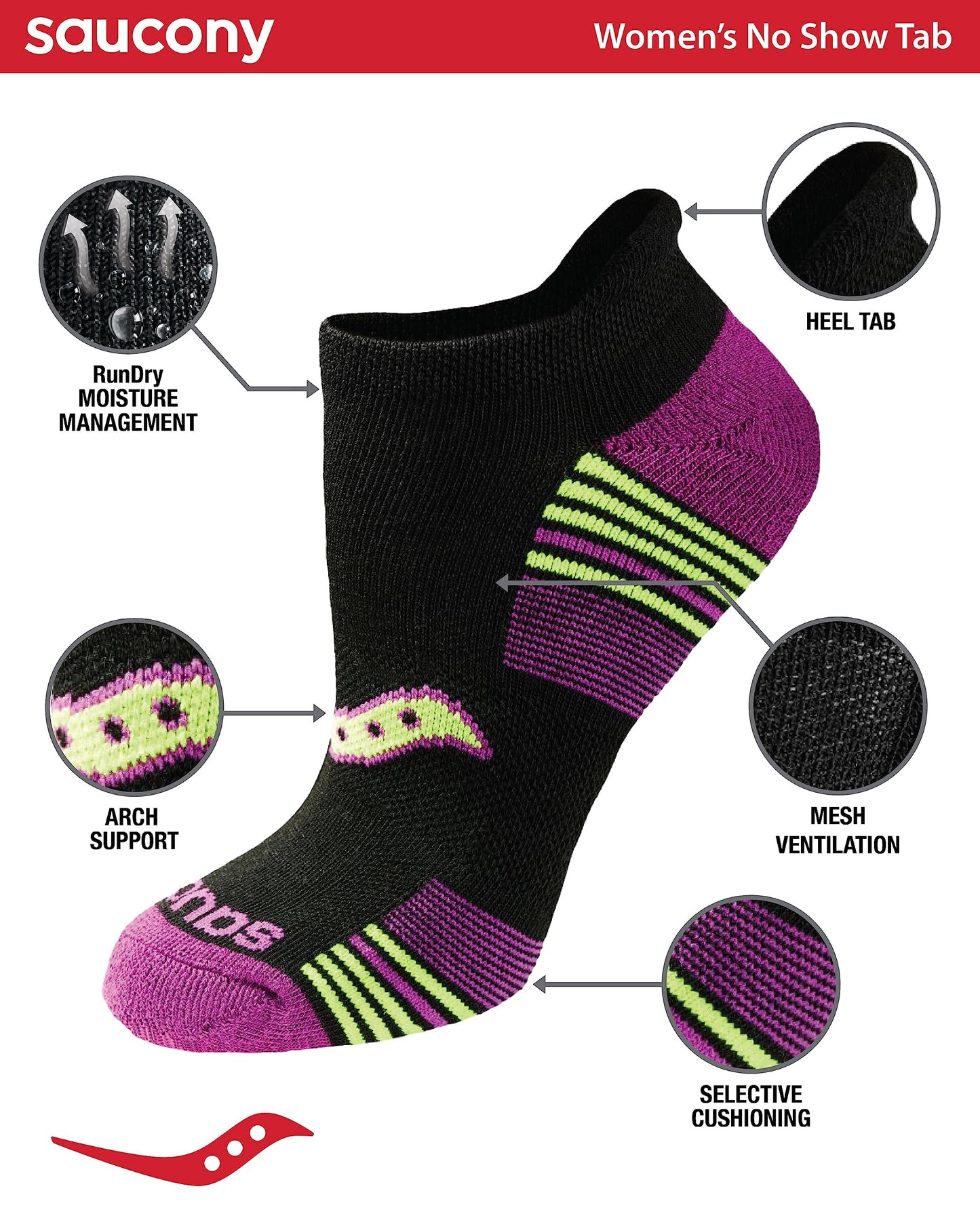 Saucony Women's RunDry Performance Heel Tab Athletic Socks, Available in S-L (8, 16, 24 Pairs), Black Assorted (24 Pairs), Medium