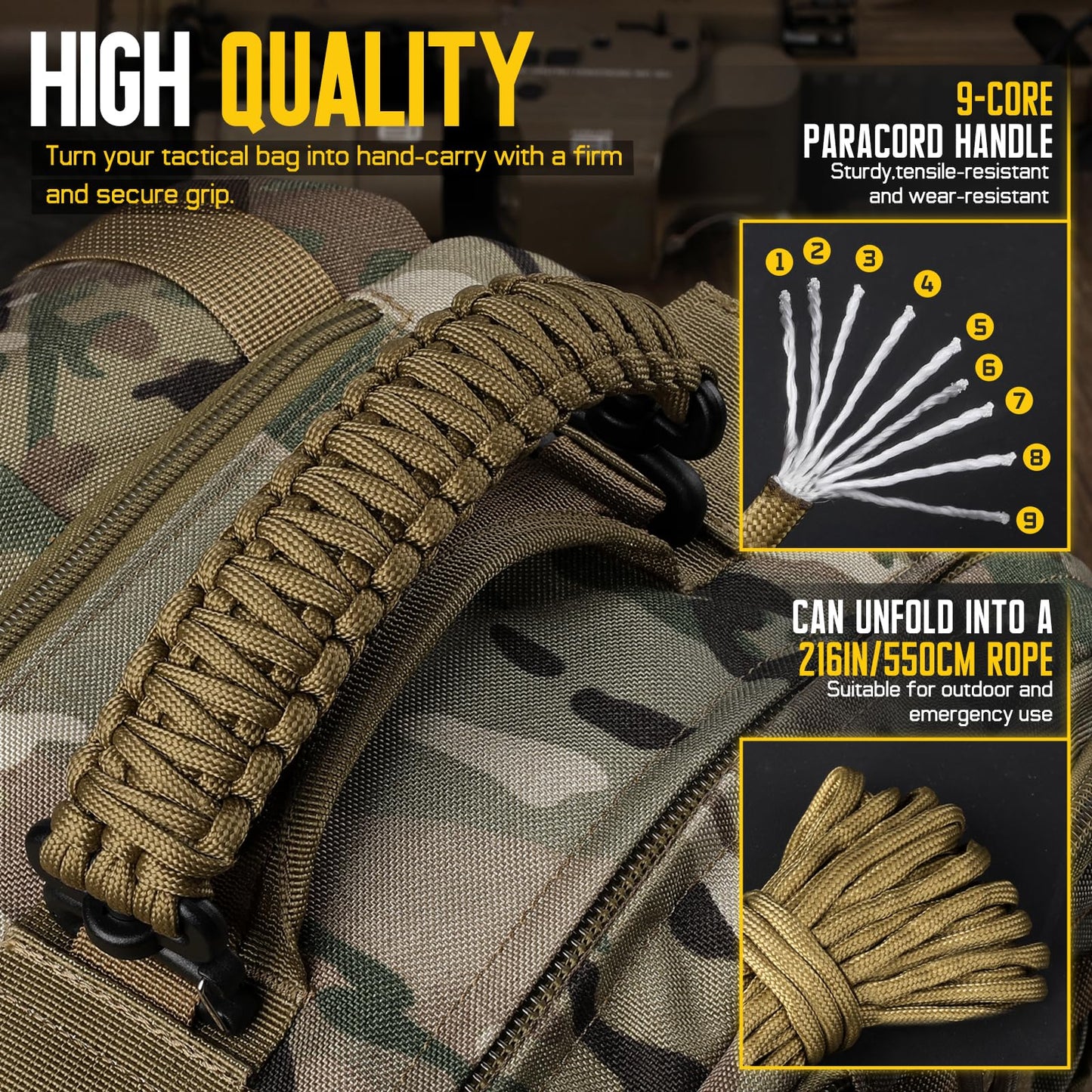 Pitozer Tactical Paracord Handle，9-core Weaving Paracord Strap for Backpack Handle Replacement，Molle Attachment with Plastic Clips for Tactical Bag Accessory,Sling Bags(7.9"/20cm Optimal spacing)