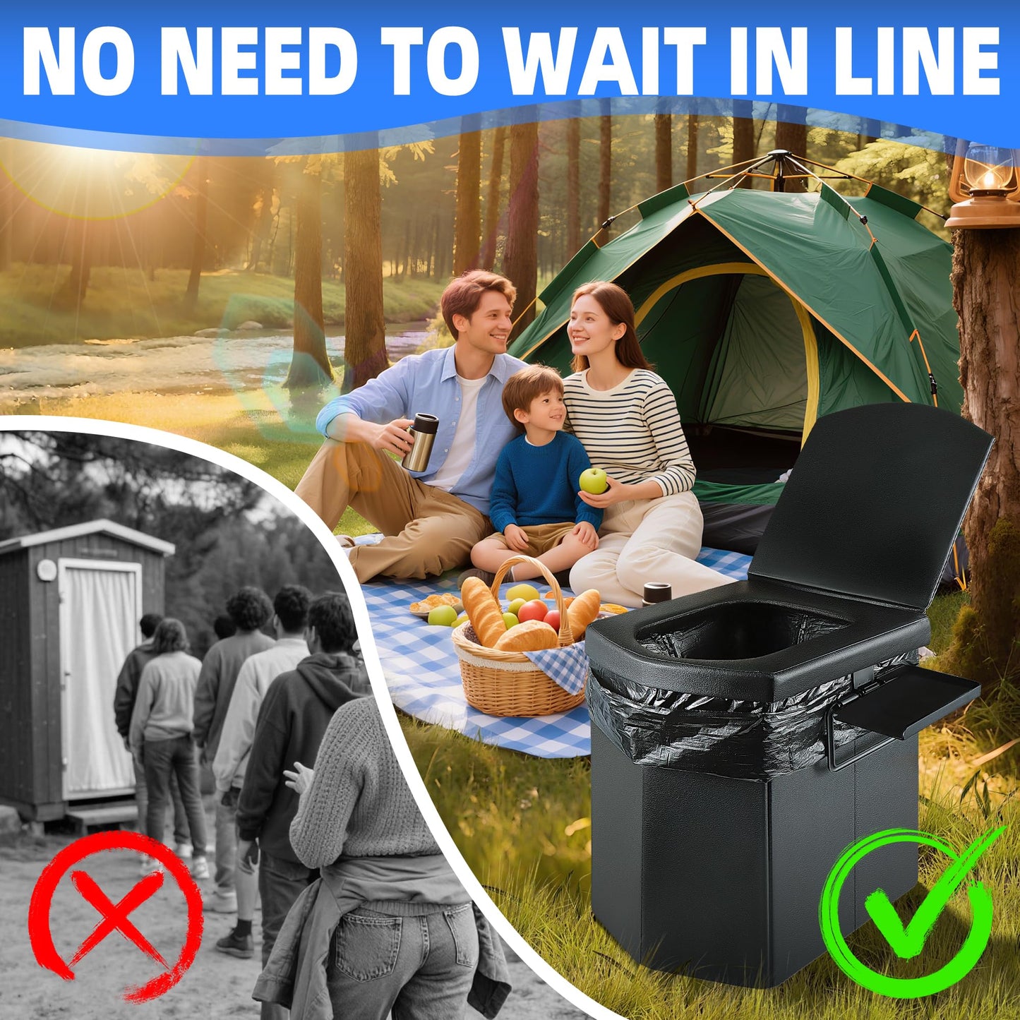LanAqua Portable Toilet for Adults, Upgraded 16.5'' Tall Camping Toilet with Lid, Portable Travel Folding Toilet with Carry Bag and Paper Holder, Extra Large Compact Potty for Car, Truck, RV, Tent