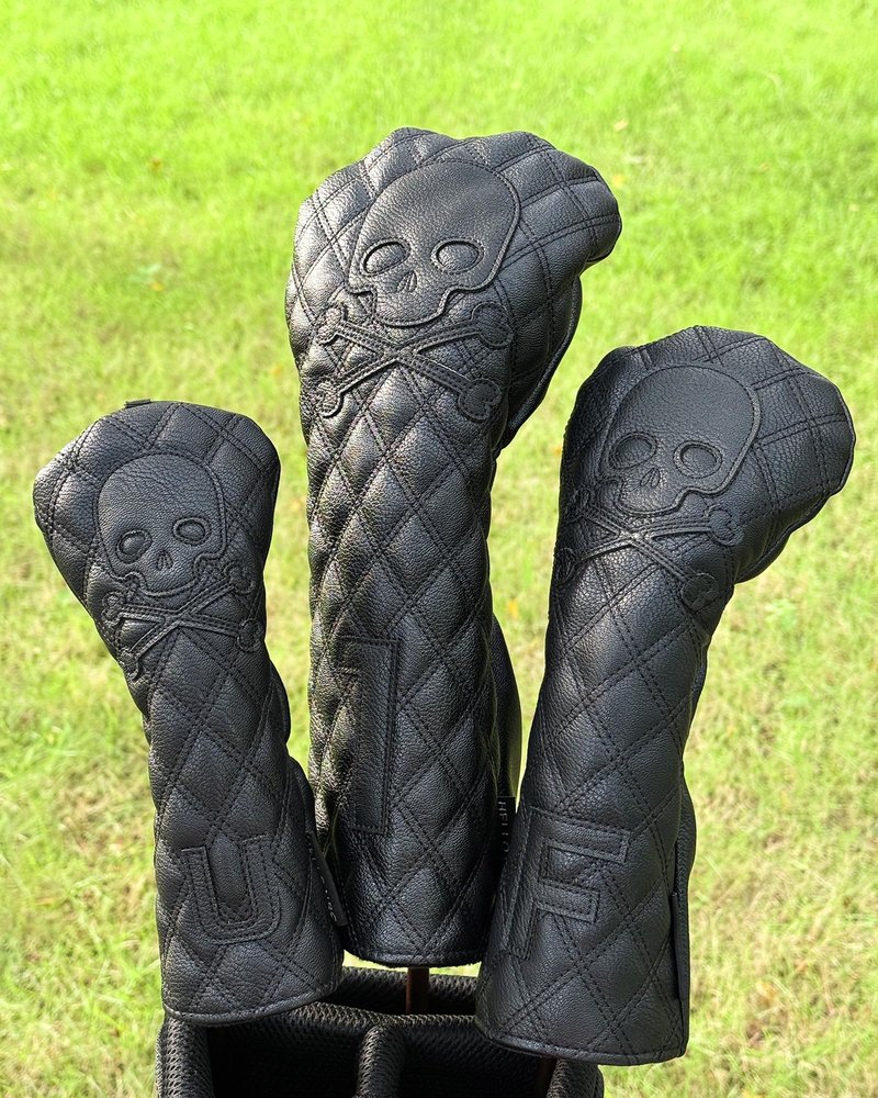 Golf Club Covers – Driver Headcover, Black Skull Leather, Fairway Wood & Hybrid, 3 Wood Headcover, Waterproof Easy-Clean, Universal Fit