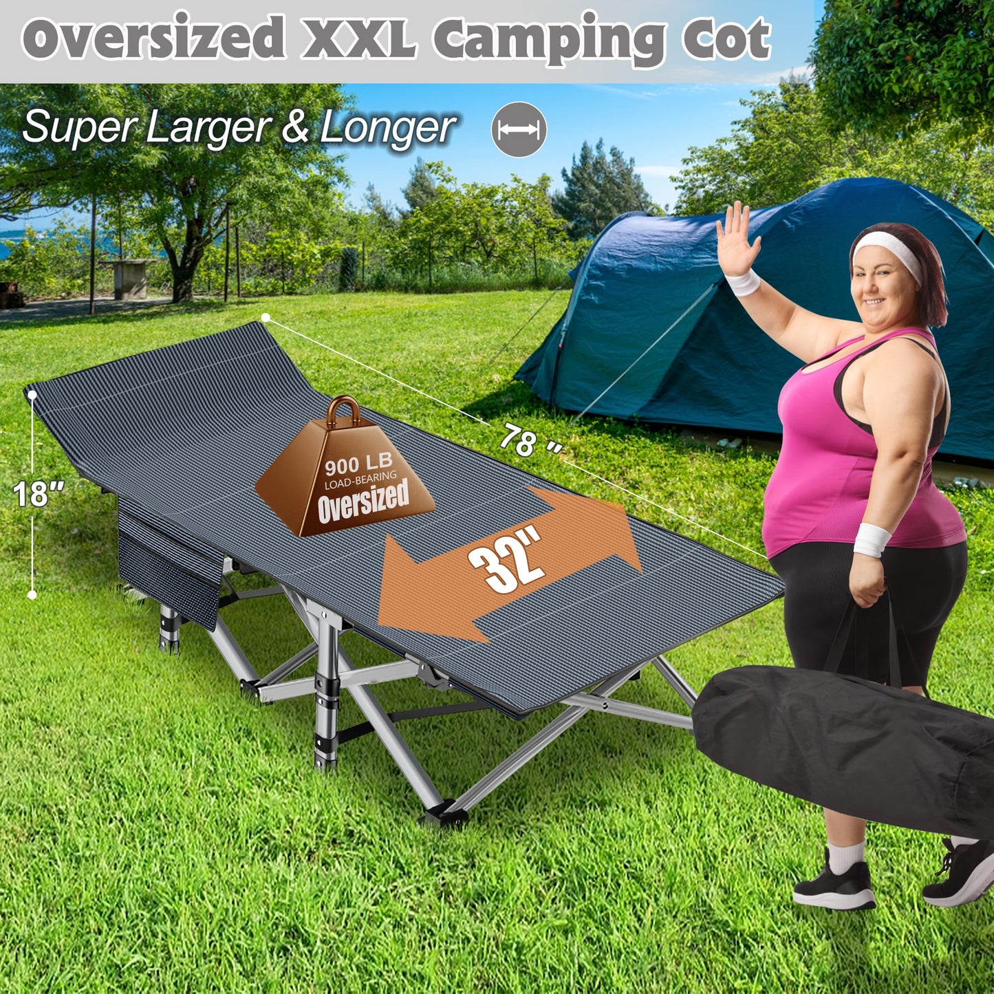 ABORON 2 Pack Oversized XXLFolding Camping Cot W/Mat for Adults, Heavy Duty Outdoor Bed with Carry Bag,1200 D Layer Oxford Travel Camp Cots