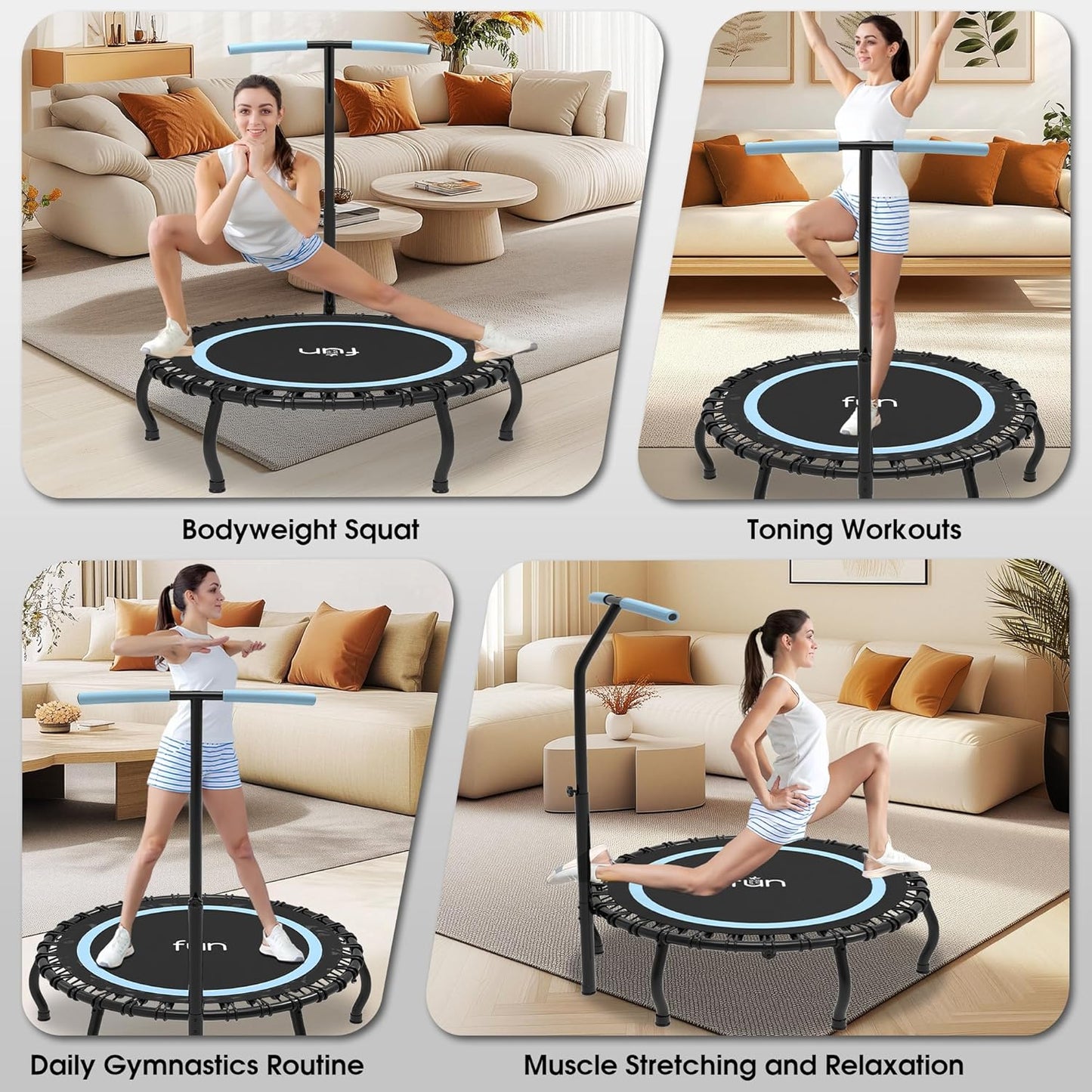 Mini Rebounder Indoor Fitness - 48” Foldable Rebounder with Adjustable T-Bar Handle | Supports 330LBS