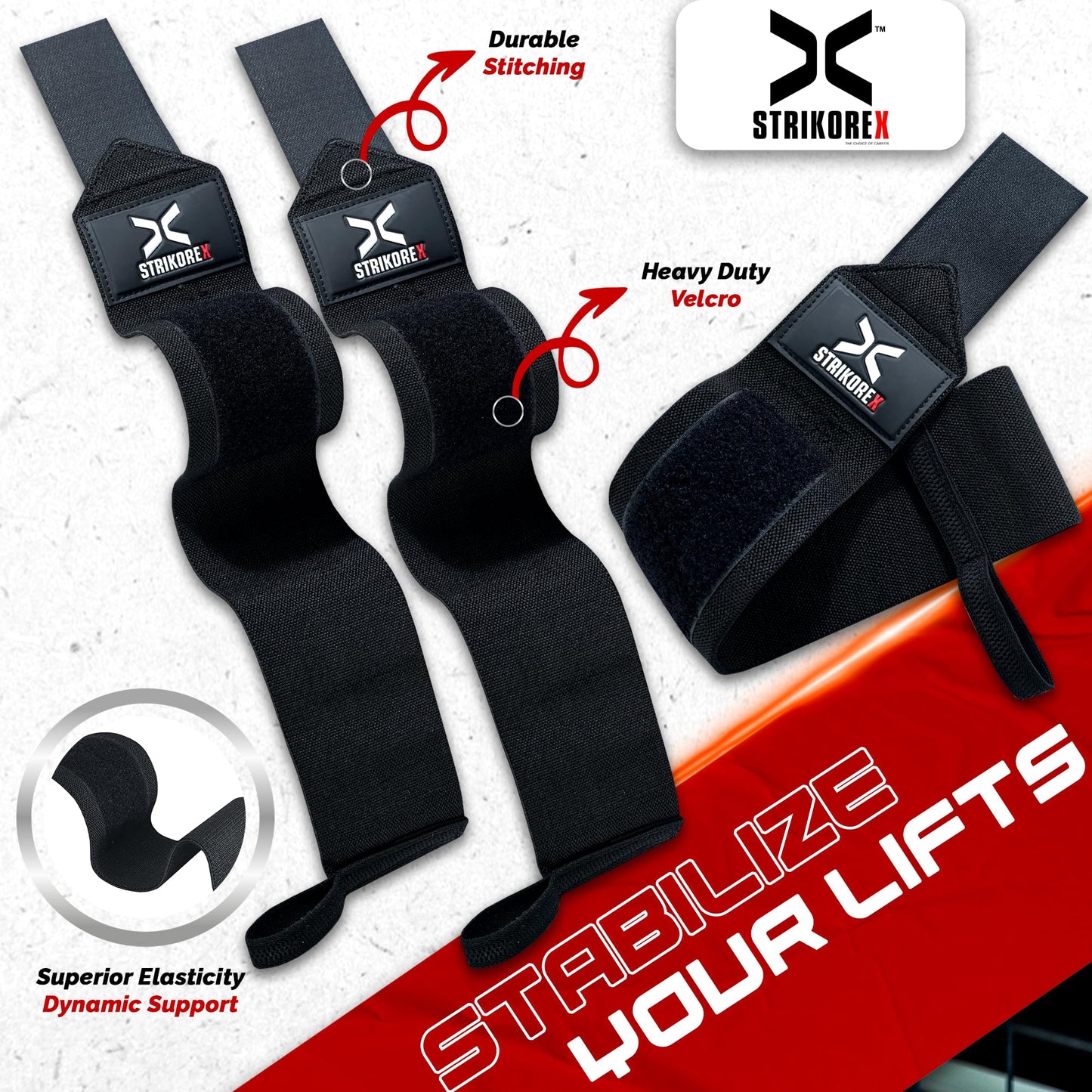 StrikoreX Wrist Straps for Weightlifting with Support for Men & Women 18", Gym Lifting Flexible Fit & Stiff Wrist Wraps Workout Equipment,Powerlifting Strength Training & Push Ups (BLACK/BLACK)