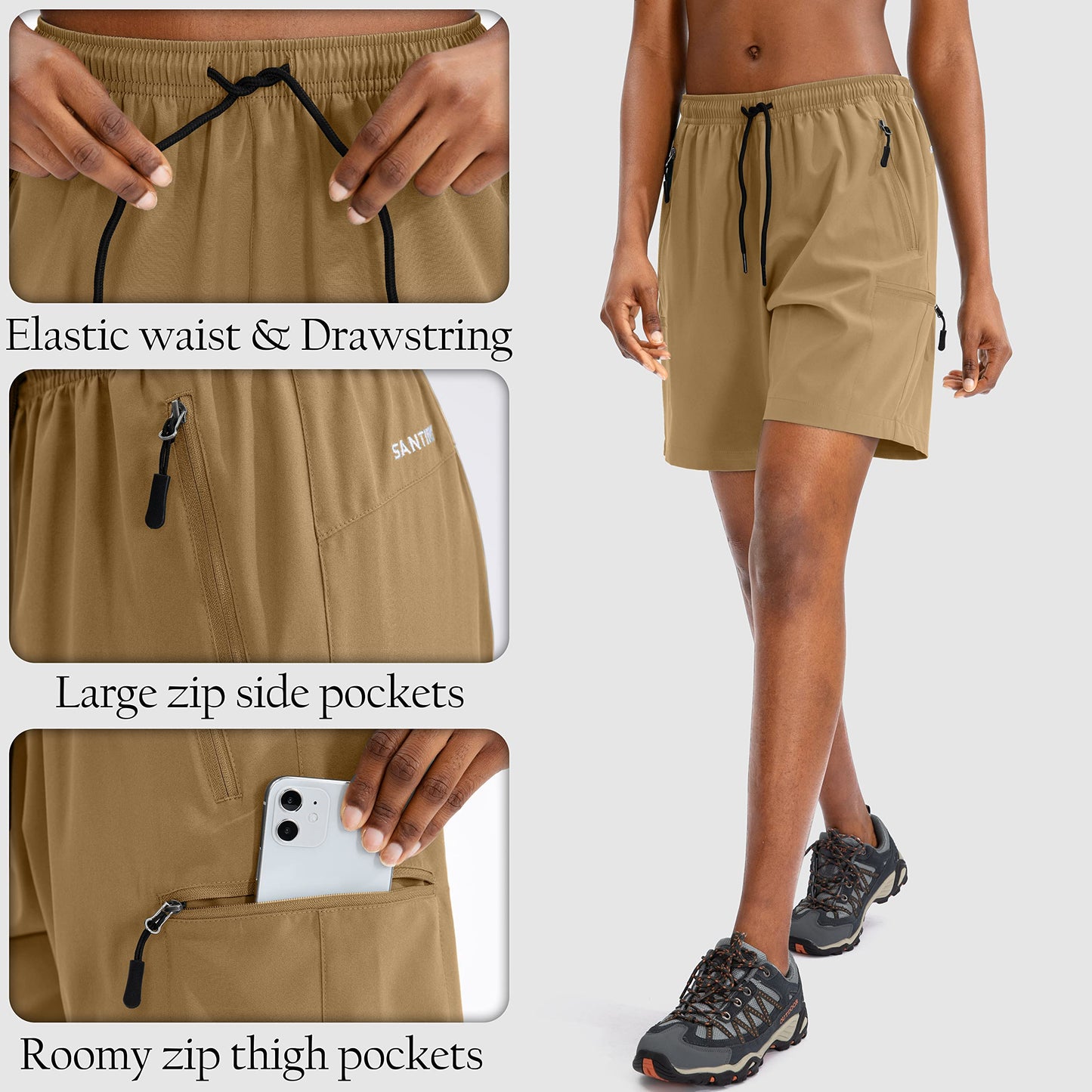 SANTINY Women's 5''/ 7''/9'' Hiking Cargo Shorts Quick Dry Lightweight Summer Shorts for Women Athletic Golf Zipper Pockets(Dark Khaki_L)