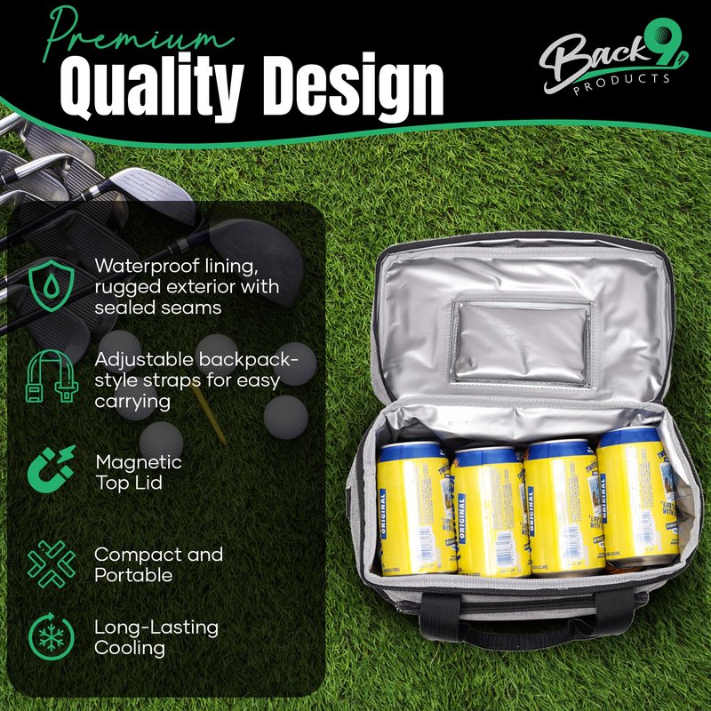Back9Products Golf Cart Cooler Bag with Magnetic Lid - 12 Can Soft Sided Insulated Cooler, Leakproof & Waterproof - Portable Cooler - Push Carts, Work, Camping, Travel, Men & Womens Gifts (Black)