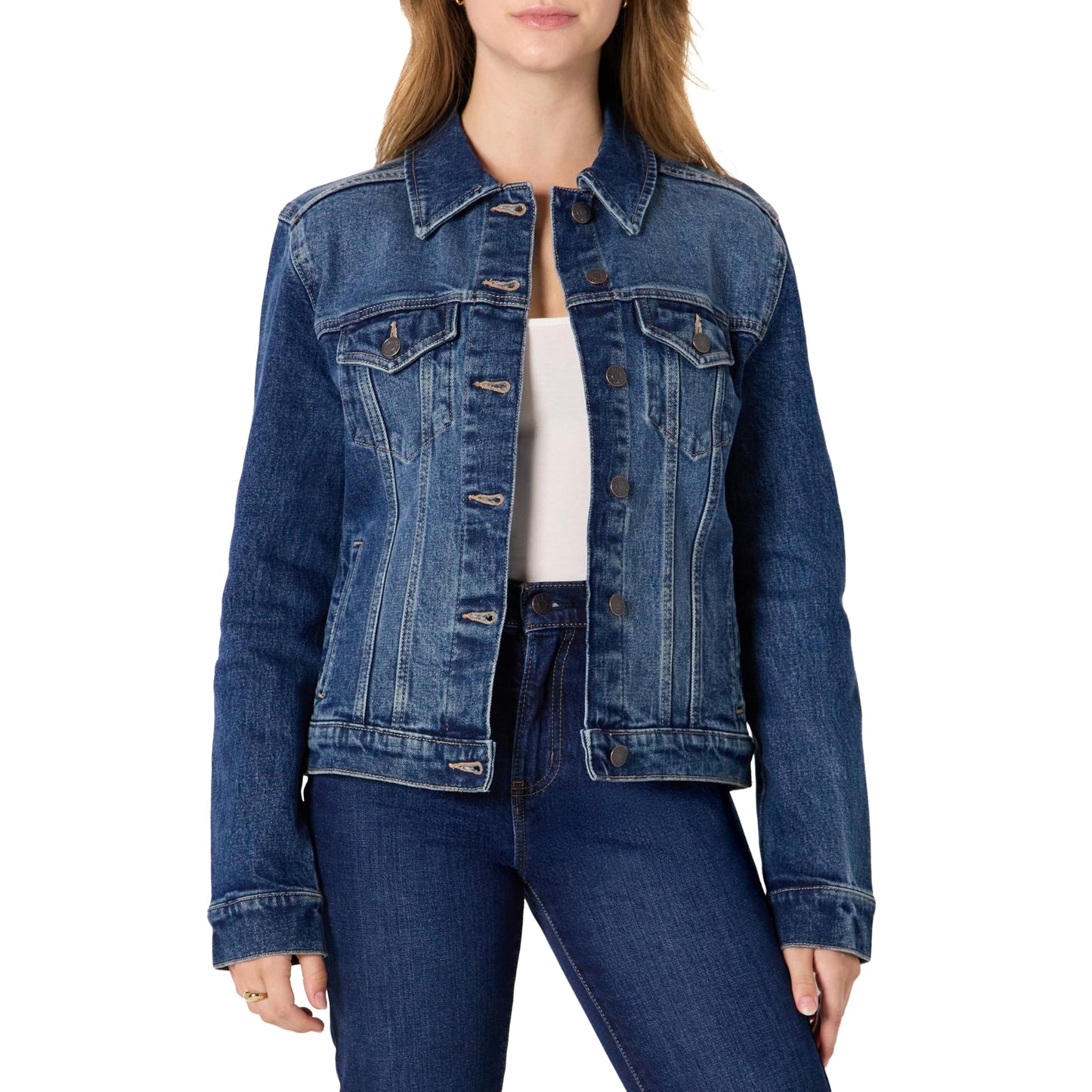 Amazon Essentials Women's Oversized-Fit Rigid Denim Trucker Jacket, Stone Dark Wash, Large