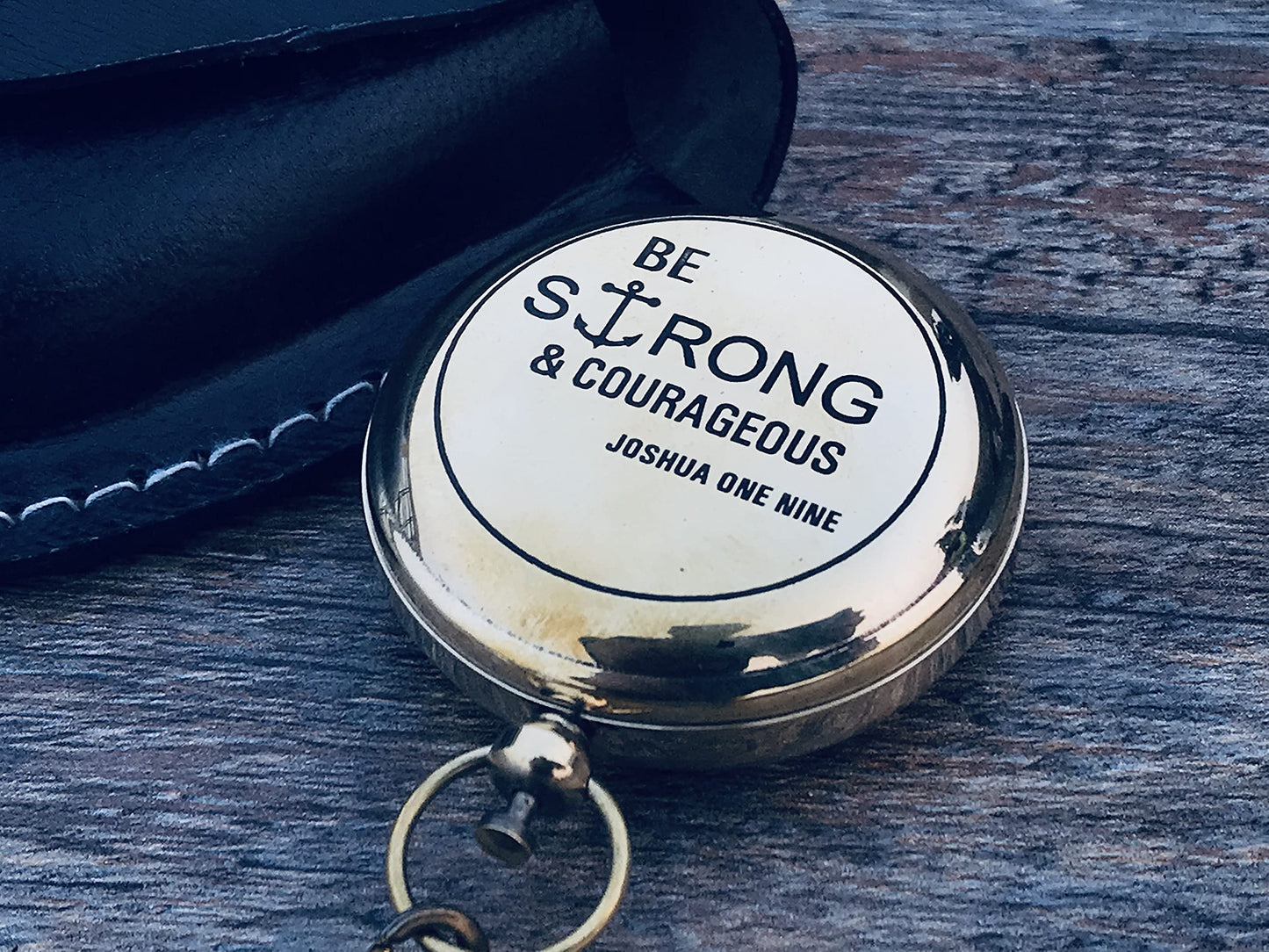 KNB HANDICRAFT Brass Engraved Pocket Compass with Leather Case | Be Strong and Courageous Gift Compass, Push Button 5 cm Confirmation Ideas, Baptism Gifts