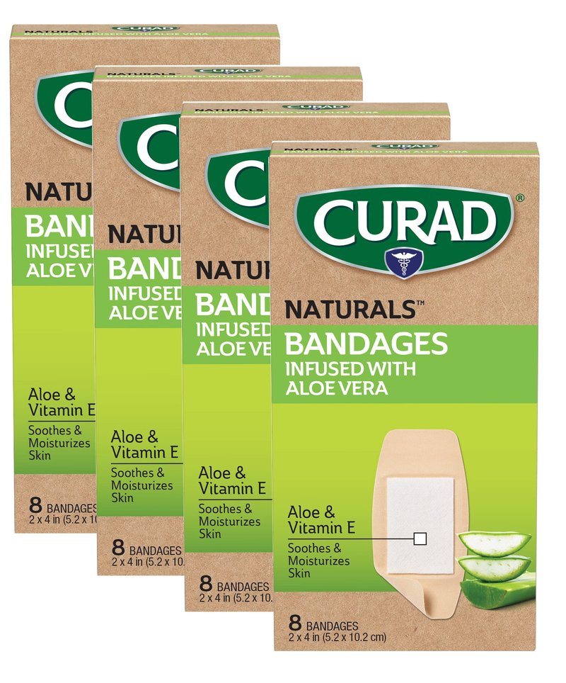 CURAD Naturals Aloe Vera & Vitamin E Bandages 2" x 4", Individually Wrapped Sterile Bandage, First Aid Kit Essential, Protects Scrapes and Cuts, Absorbent and Self-Adhesive, 8-Count-4 Boxes