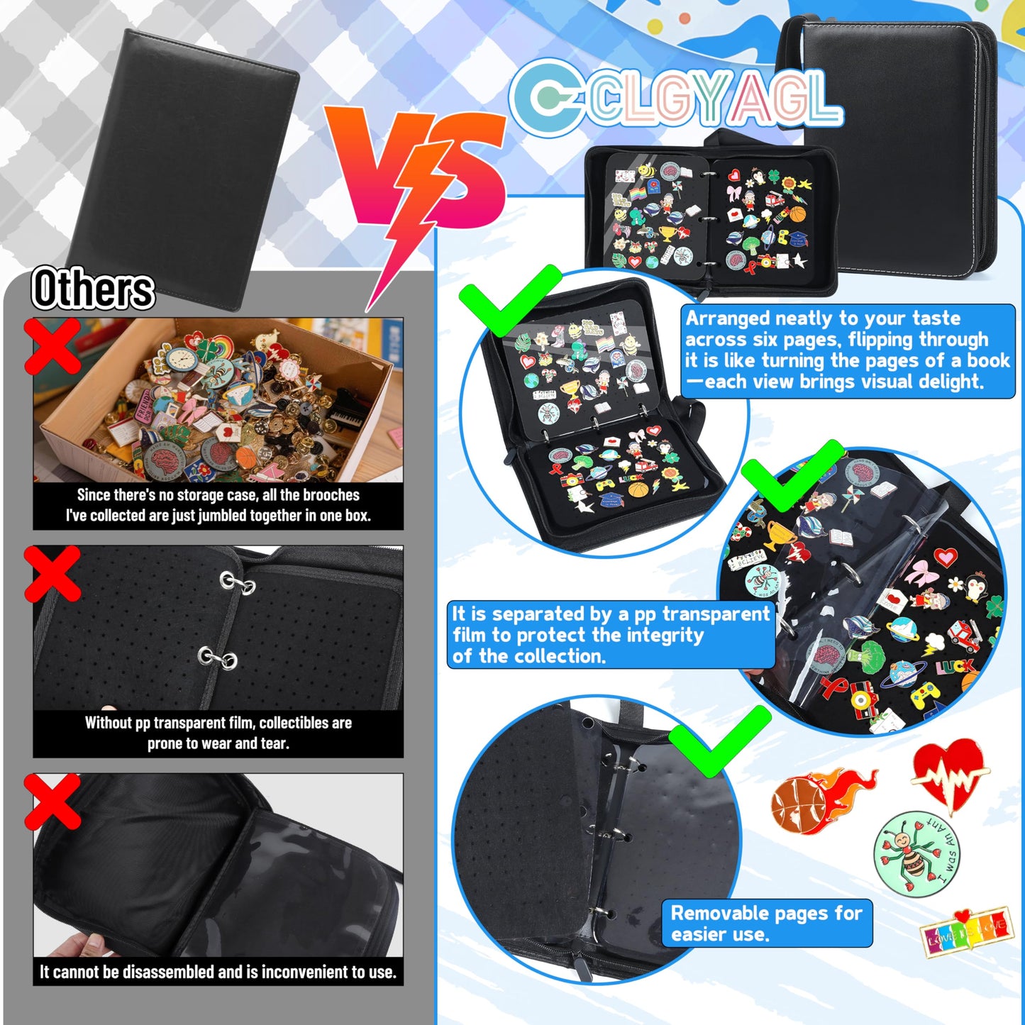 CLGYAGL Pin Bag Case for Trading: 6 Page Black Leather Pins Display Books Holder for Enamel Pins Sports Lapel Collector - Portable Pin Storage Zipper Organizer for Travel Exhibition