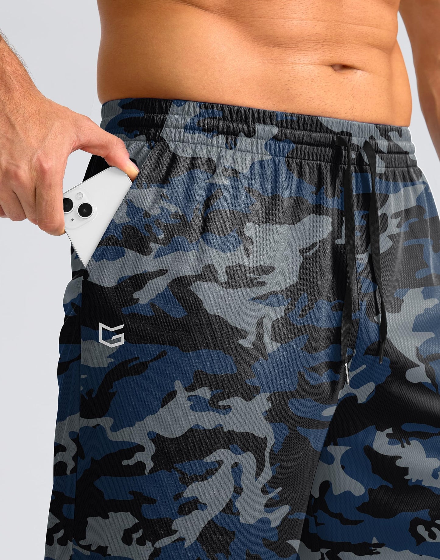 G Gradual Men's Athletic Shorts with Pockets 9" / 11" Long Basketball Shorts Lightweight Quick Dry Gym Workout Shorts for Men(Blue Camo,S)