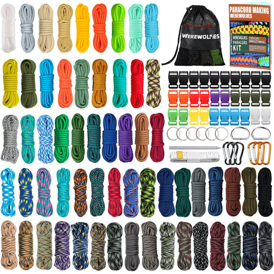 WEREWOLVES Paracord 550 Combo Crafting Kits with Instruction- 60 Colors 10ft Multifunction Paracord Ropes and Complete Accessories for Making Paracord Bracelets, Lanyards, Dog Collar (Forest)