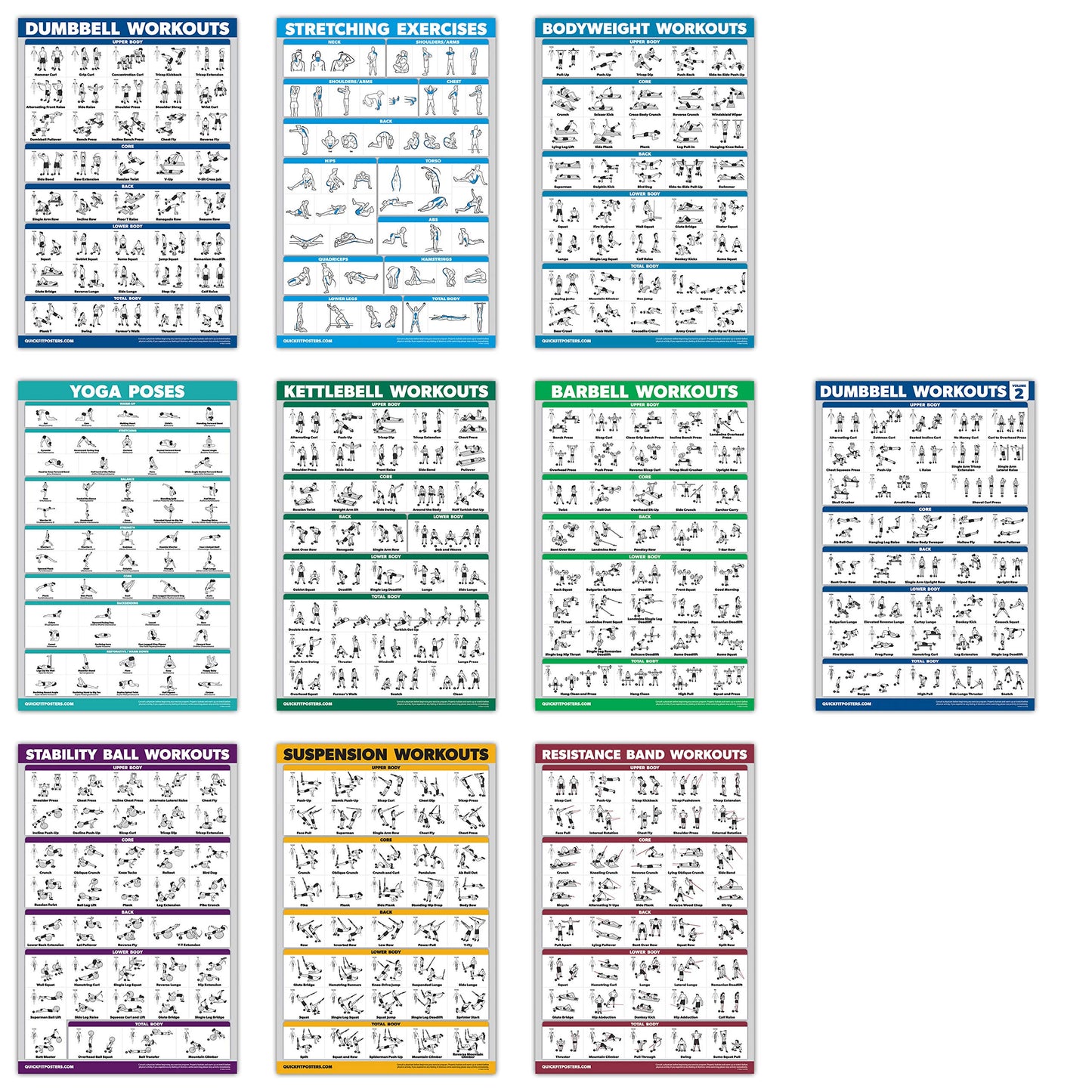QuickFit 10 Pack - Exercise Workout Poster Set - Dumbbell Volume 1 & 2, Suspension, Kettlebell, Resistance Bands, Stretching, Bodyweight, Barbell, Yoga Poses, Exercise Ball (Laminated, 18" x 24")