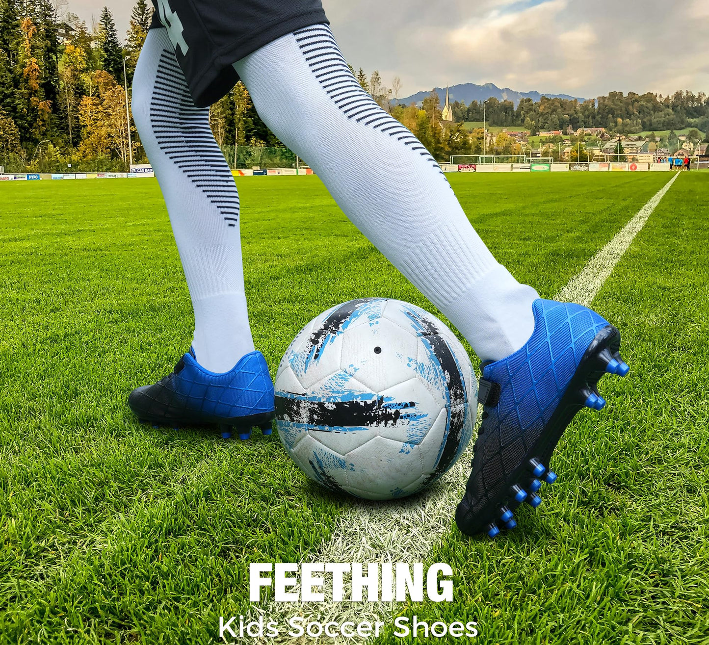 FEETHING Youth Soccer Cleats for Boys and Girls Firm Ground Football Shoes with Easy-On Hook & Loop Closure Lightweight & Breathable for Outdoor Field Play (Little Kid & Big Kid Sizes)