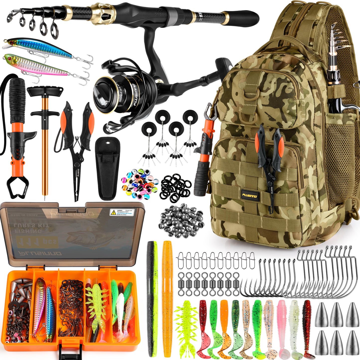 PLUSINNO Fishing Backpack, Fishing Bag, Waterproof Sling Tackle Bag For Fishing Gear With Rod Holder, Fish Gifts for Men