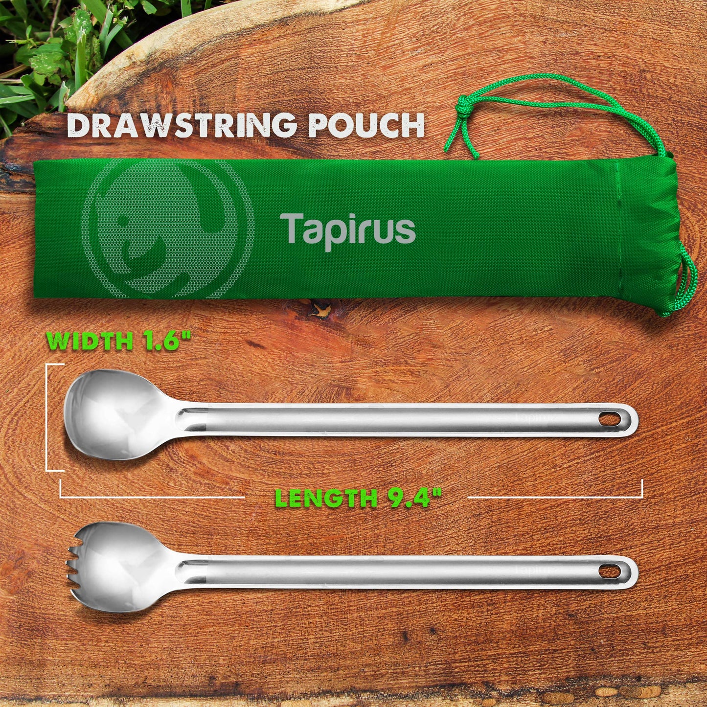 Tapirus Long Spork and Long Spoon Set | Deep Reach Stainless Steel Eating Utensils for MRE Bag | Keep Hands Clean and Away from Heat | Carry Bag Ideal for Hiking, Camping, Backpacking