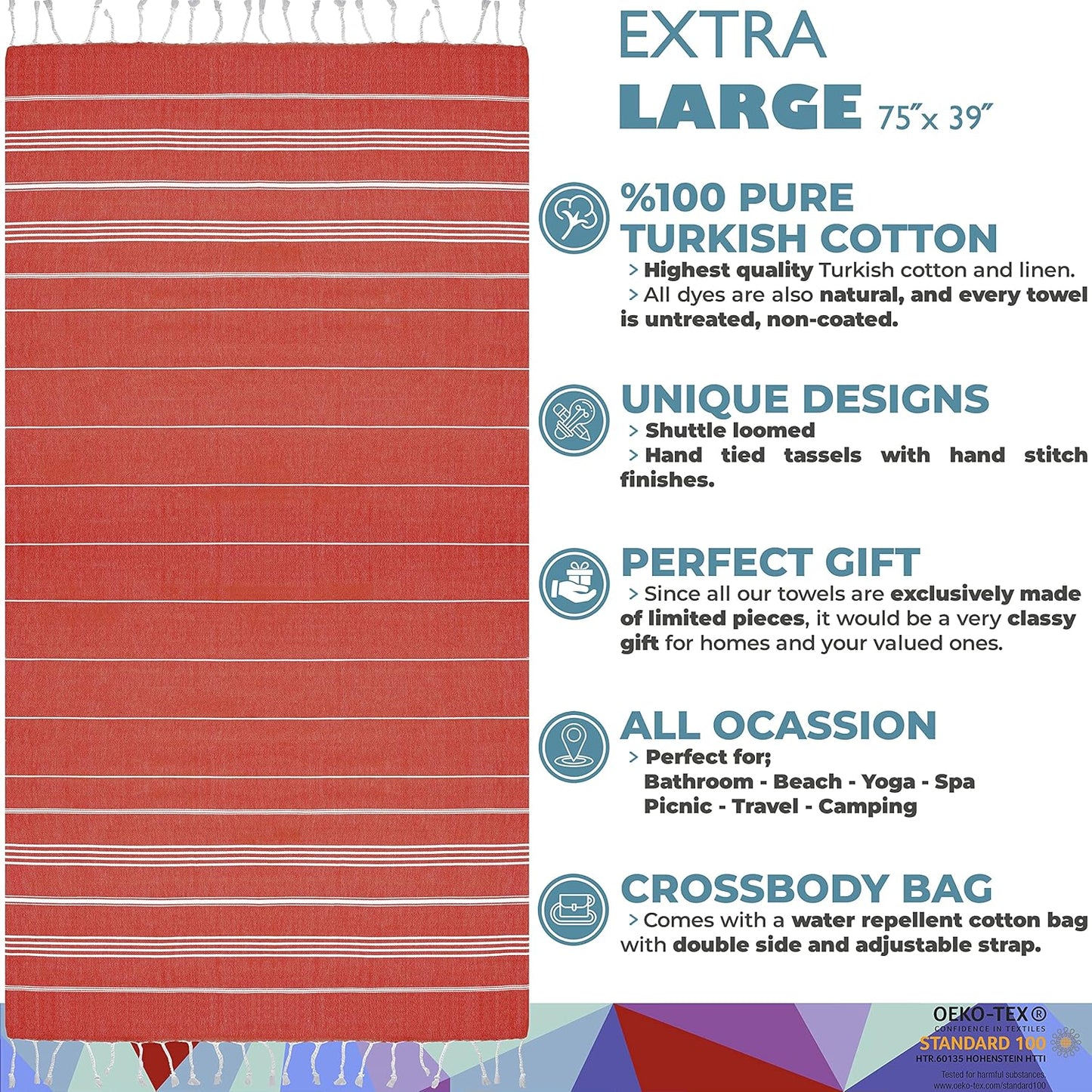 Turkish Beach Towel - Oversized 100% Cotton Quick-Dry | Sand-Free Hand Loomed - 39 x 74 (Red)