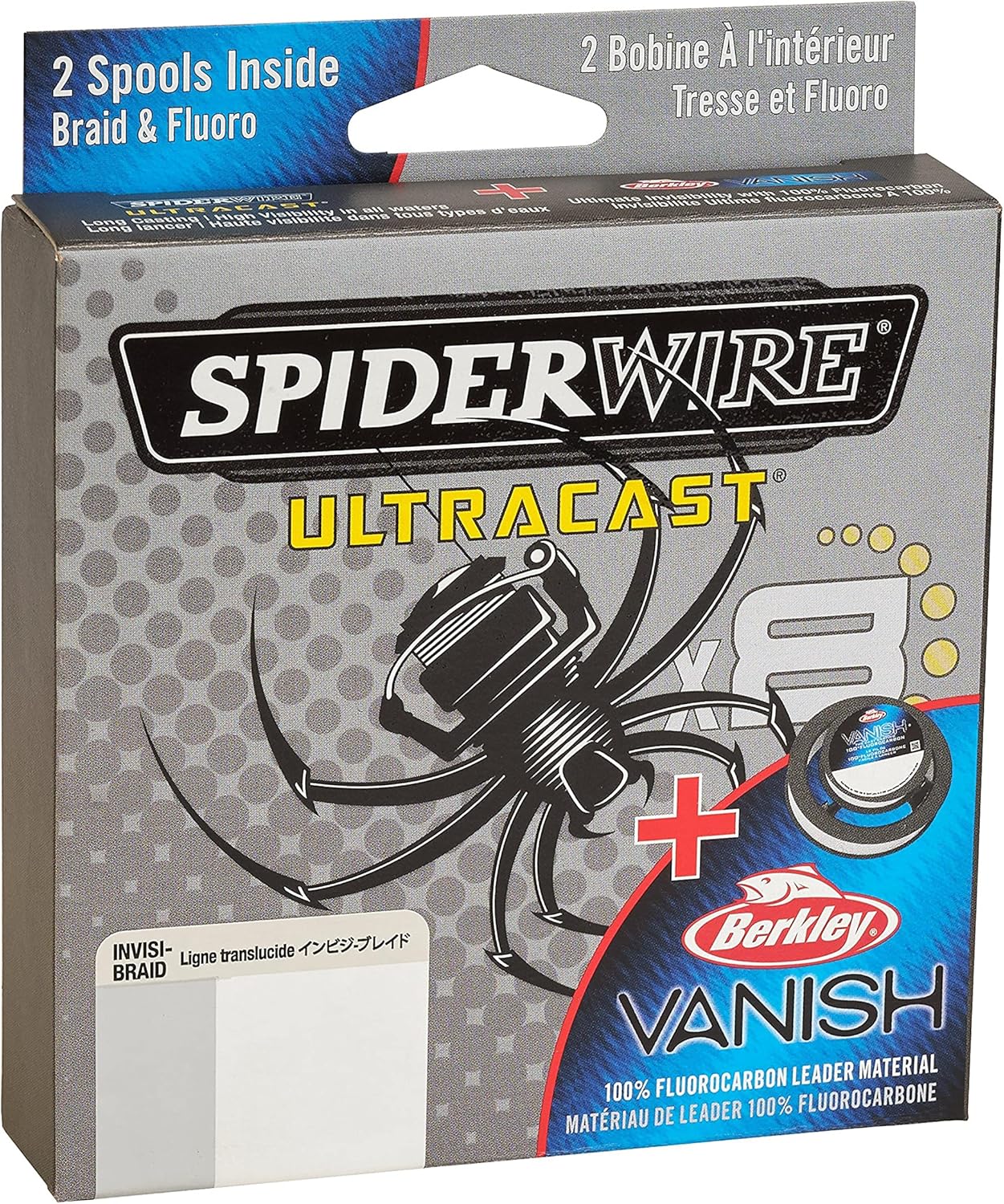 SpiderWire Ultracast Braid - 30lb Translucent Braid with 50lb Clear Fluorocarbon Leader | 164yd/150m Spool