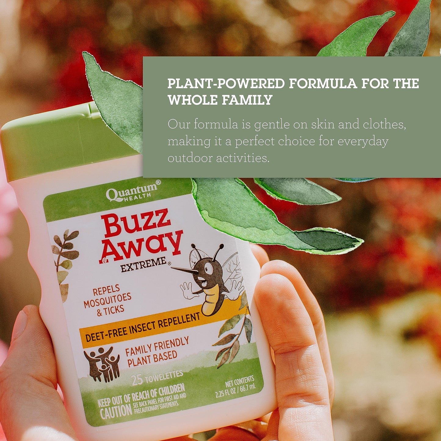 Quantum Health Buzz Away Extreme Insect Repellent Wipes DEET Free Cedarwood Lemongrass & Citronella Oil Outdoor Mosquito & Tick Repeller Powerful Plants Repel Bugs Off Skin, Safe for Kids - 25 Sheets