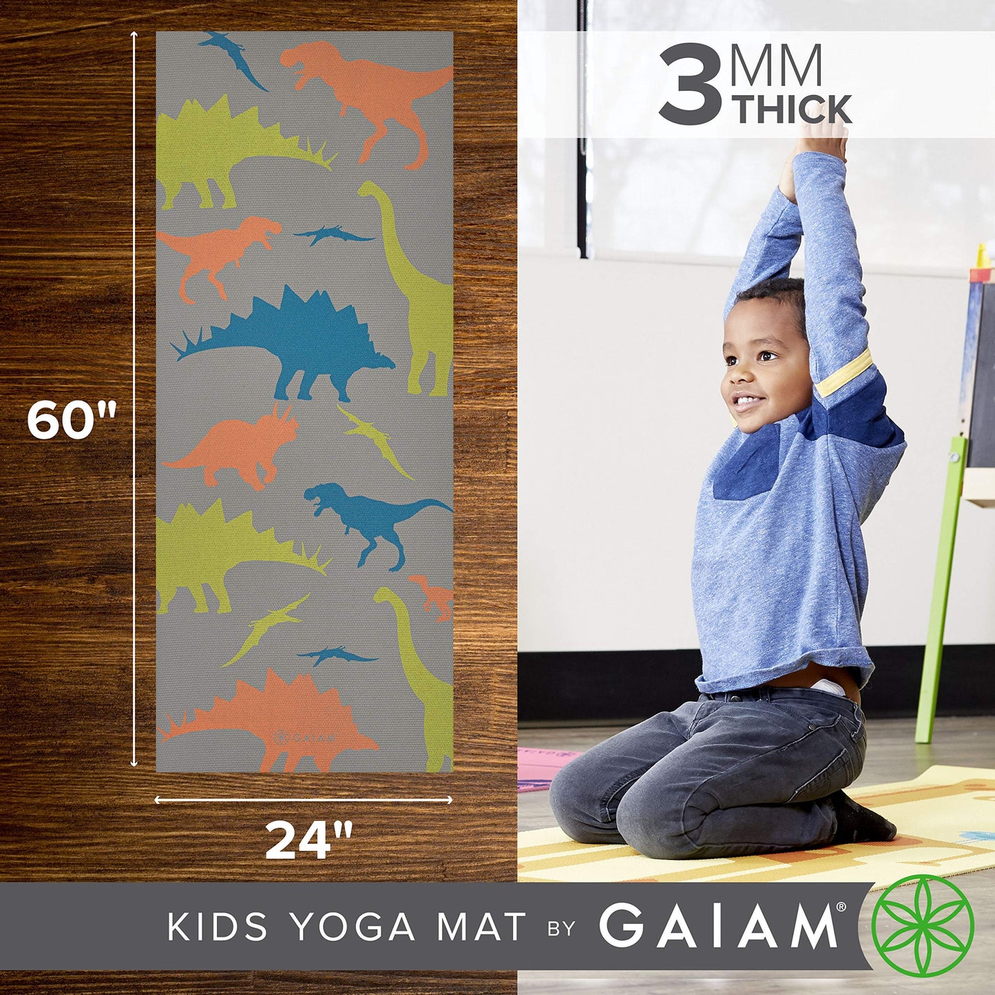 Gaiam Kids Yoga Mat Exercise Mat, Yoga for Kids with Fun Prints - Playtime for Babies, Active & Calm Toddlers and Young Children, Dino Zone, 3mm