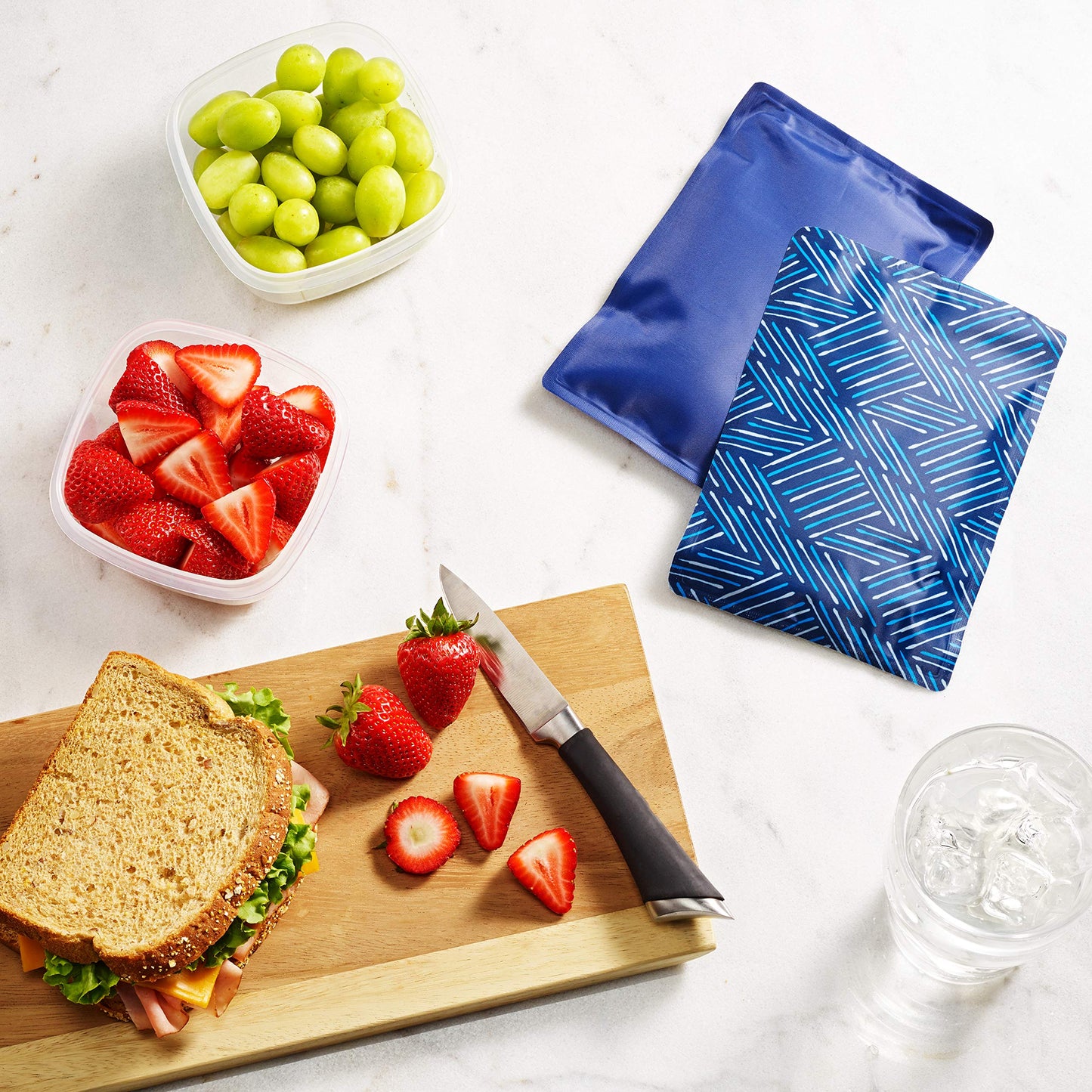 Cool Coolers by Fit & Fresh 2 Pack Soft Ice, Flexible Stretch Nylon Reusable Ice Packs for Lunch Boxes & Coolers, Navy Sketch Weave & Blue