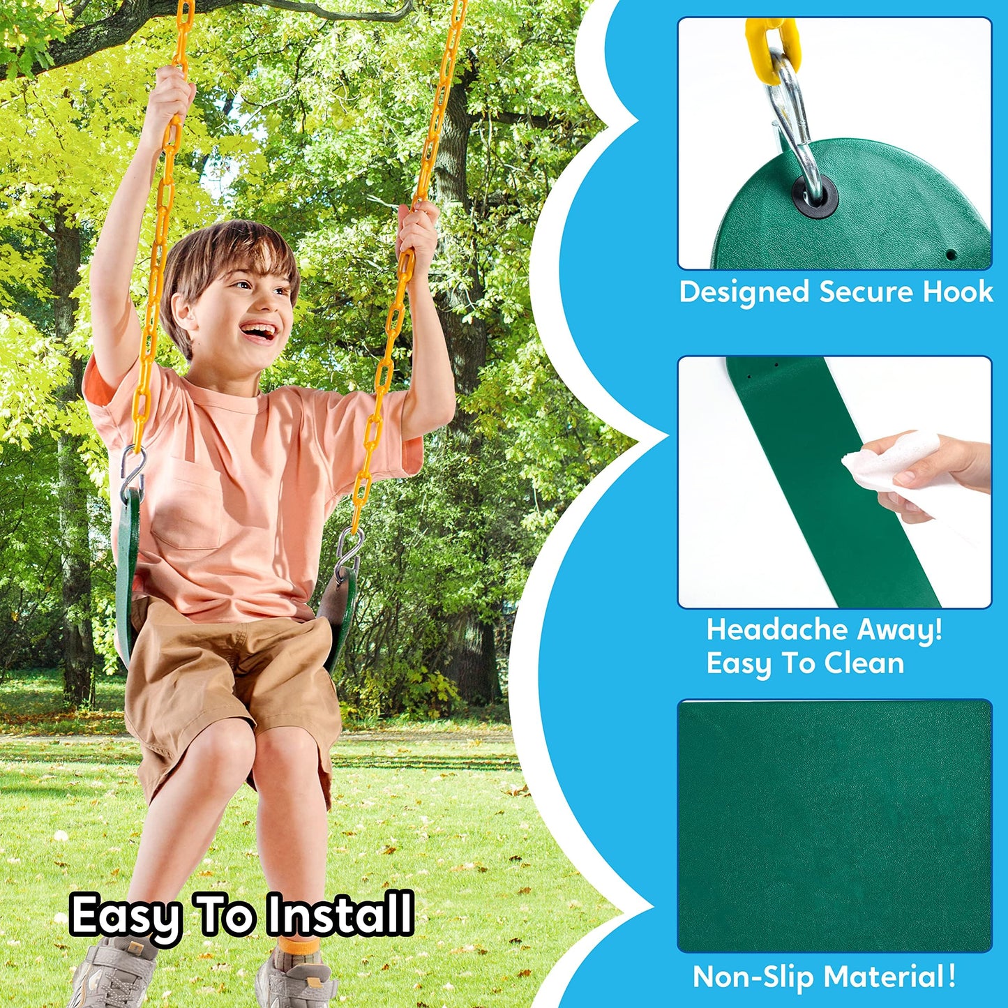 TURFEE 2 Pack Green Swing Seats Heavy Duty with 66" Chain, Swing Set Accessories Replacement with Snap Hooks for Kids Outdoor Play Playground, Trees, Playground(Green)