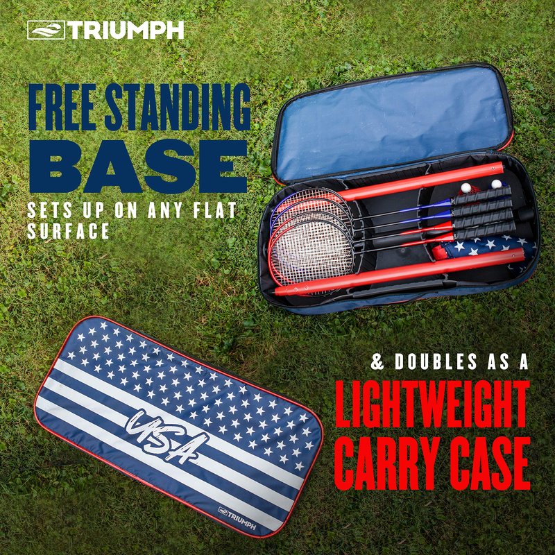 Triumph Patriotic Portable Badminton Set with Freestanding Net, 4 Rackets, 2 Shuttlecocks, and Carry Case – All-in-One Outdoor Game for Backyard, Beach, Camping, and Family Fun