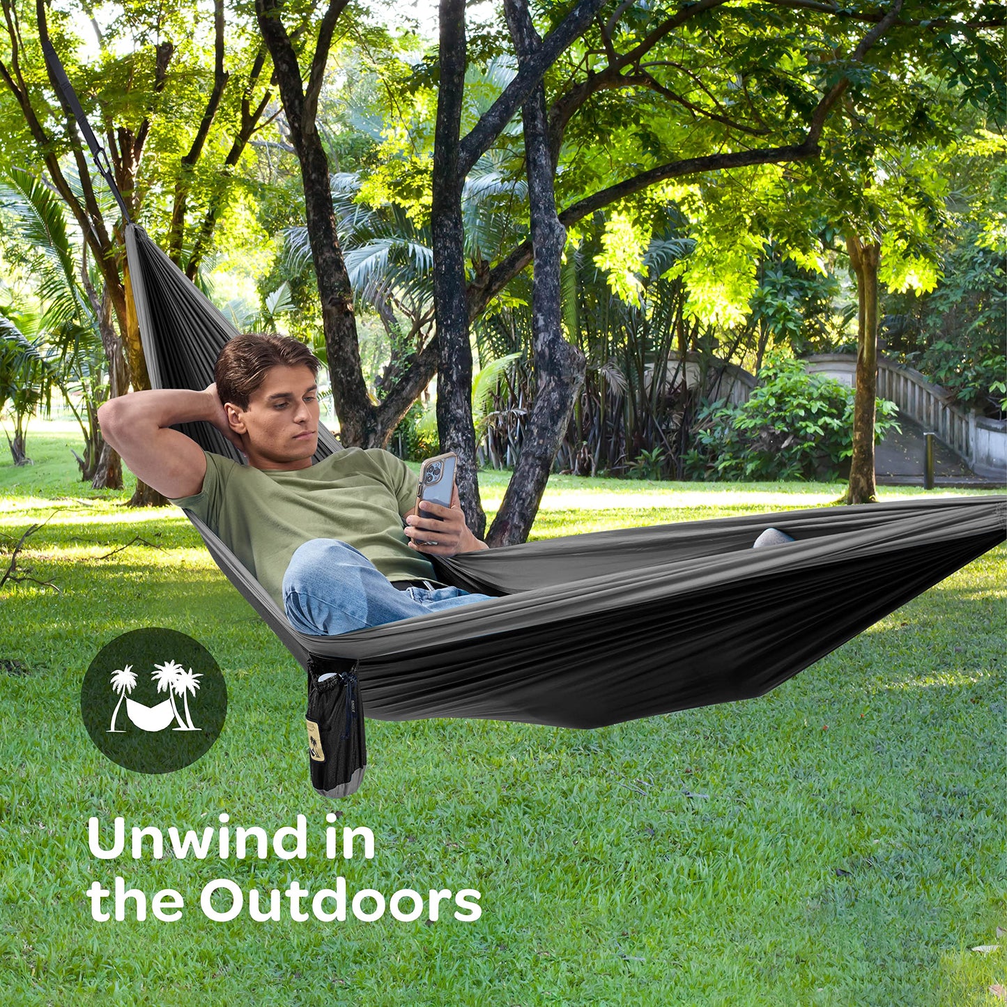 Durable Hammock 500 lb Capacity, Nylon Camping Hammock Chair - Double or Single Sizes w/Tree Straps and Attached Carry Bag - Portable for Travel/Backpacking/Beach/Backyard (Large, Black & Light Grey)