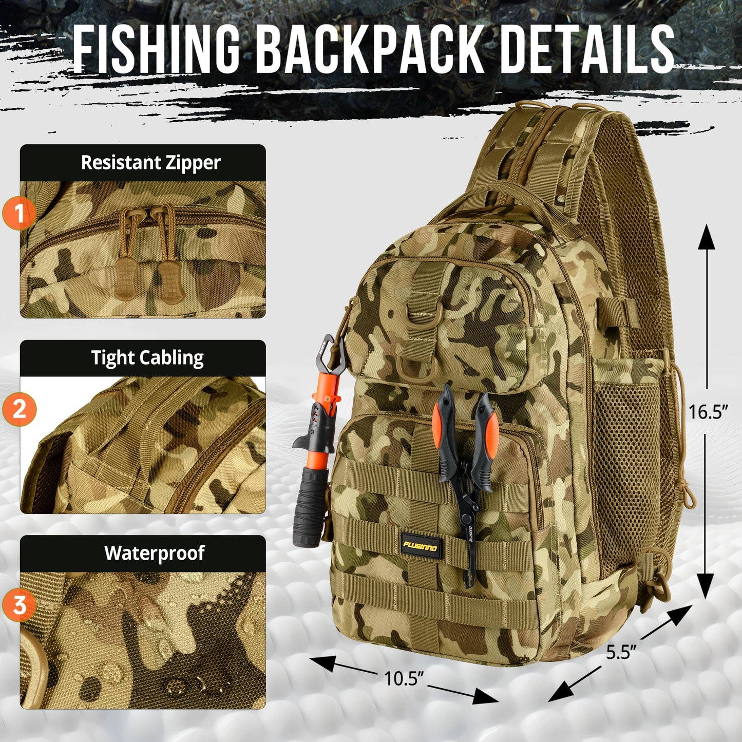 PLUSINNO Fishing Backpack, Fishing Bag, Waterproof Sling Tackle Bag For Fishing Gear With Rod Holder, Fish Gifts for Men